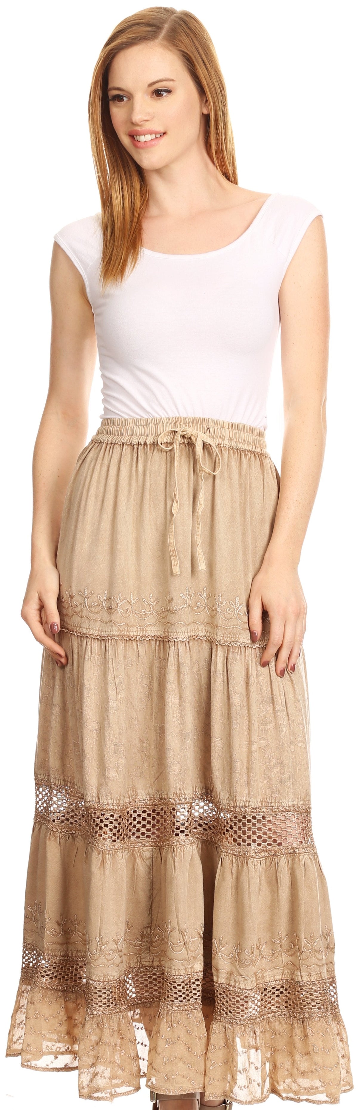 Sakkas Salina Boho Maxi Skirt with Embroidery and Crochet Lace Adjustable Waist