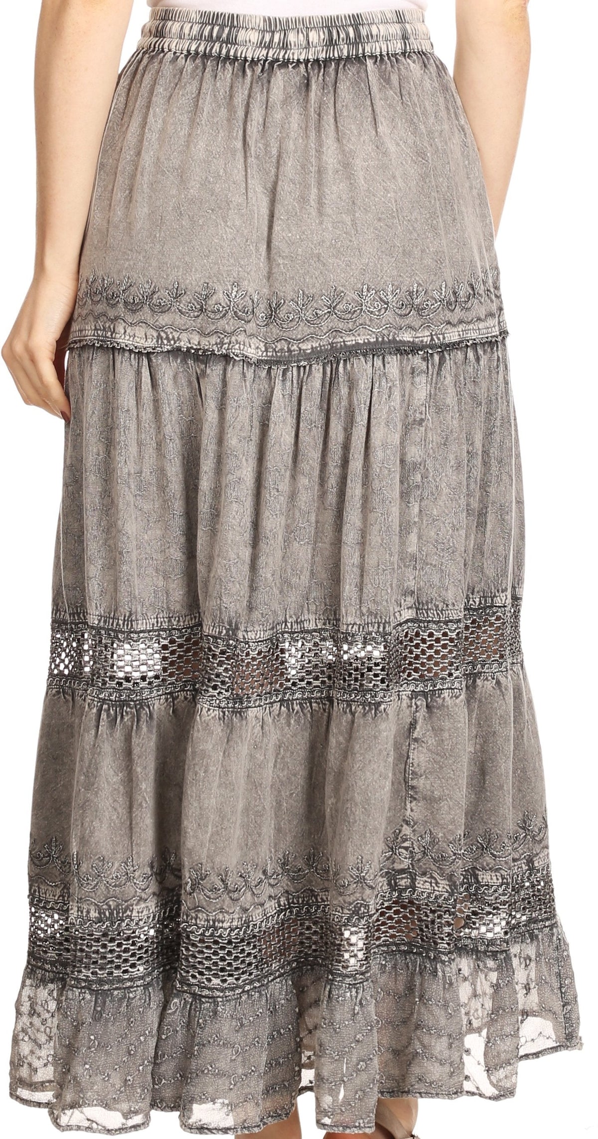 Sakkas Salina Boho Maxi Skirt with Embroidery and Crochet Lace Adjustable Waist