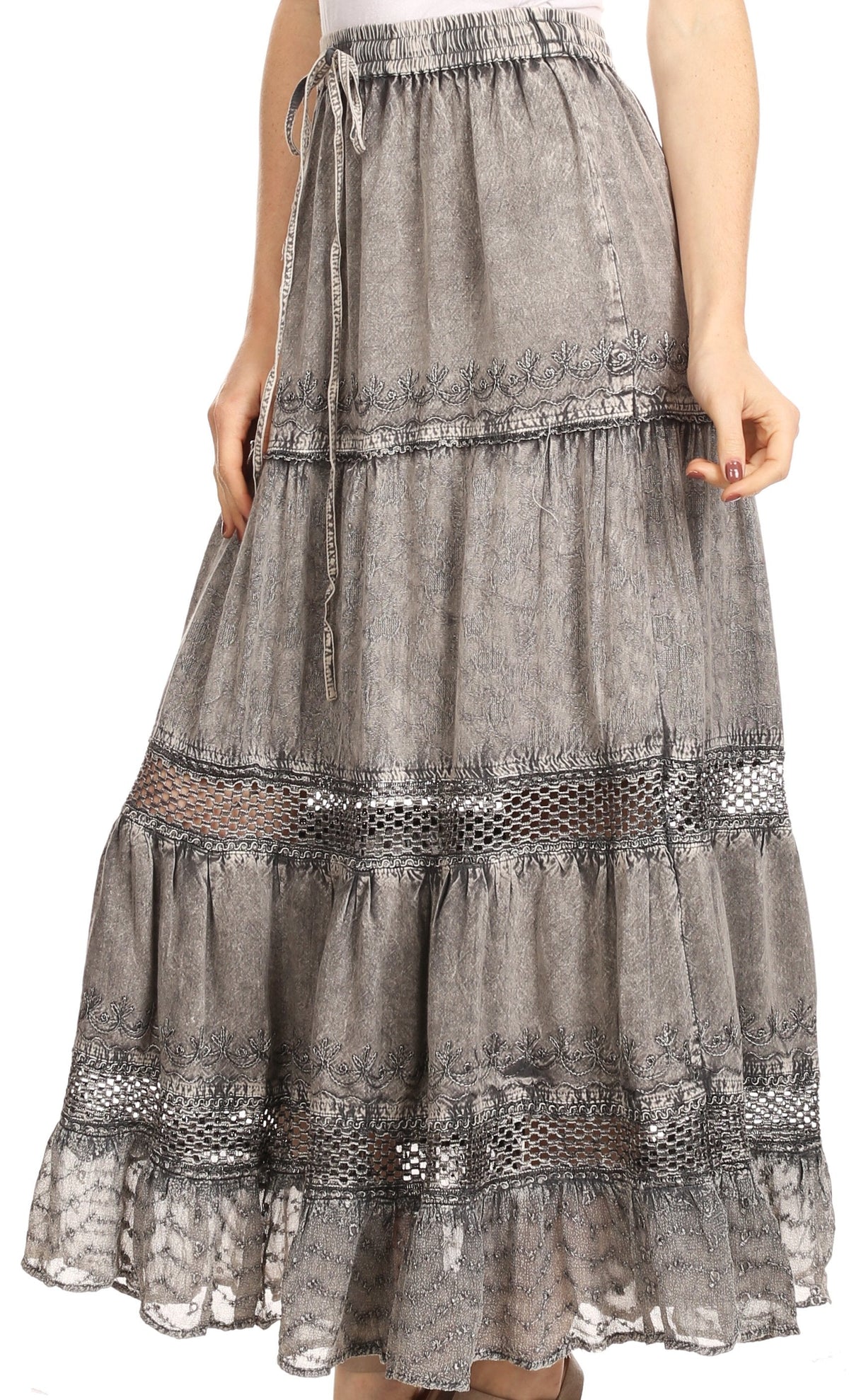 Sakkas Salina Boho Maxi Skirt with Embroidery and Crochet Lace Adjustable Waist