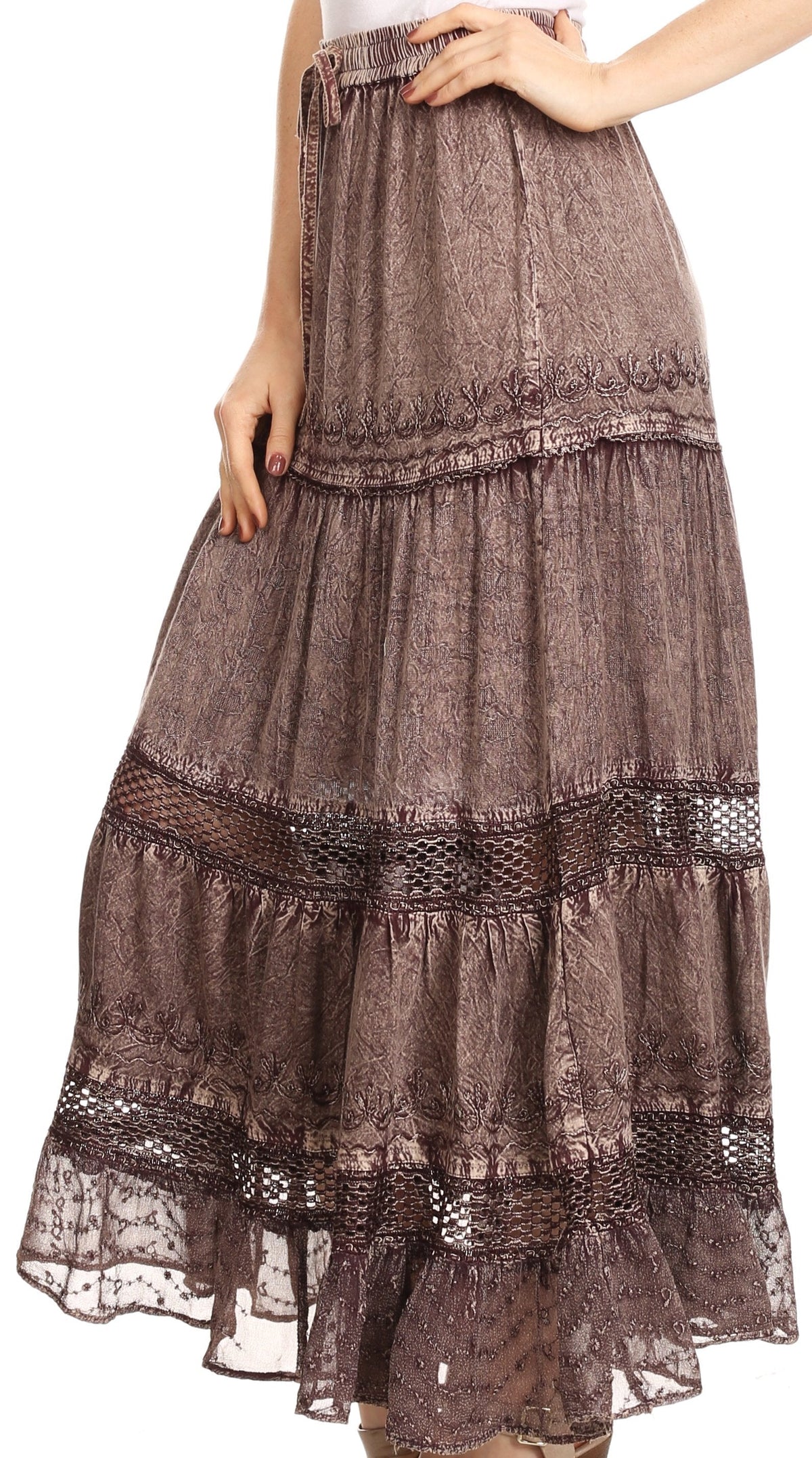 Sakkas Salina Boho Maxi Skirt with Embroidery and Crochet Lace Adjustable Waist