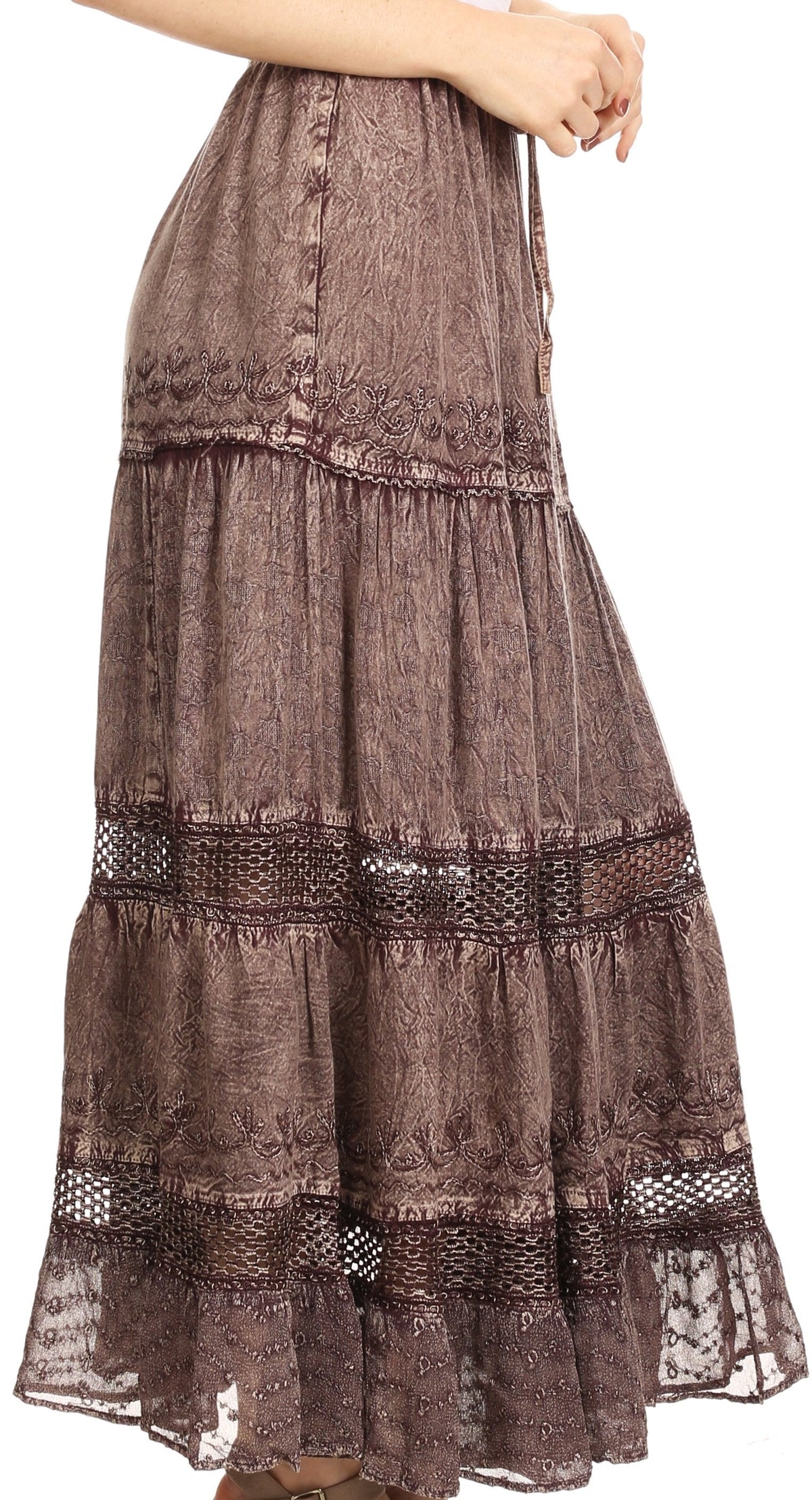 Sakkas Salina Boho Maxi Skirt with Embroidery and Crochet Lace Adjustable Waist