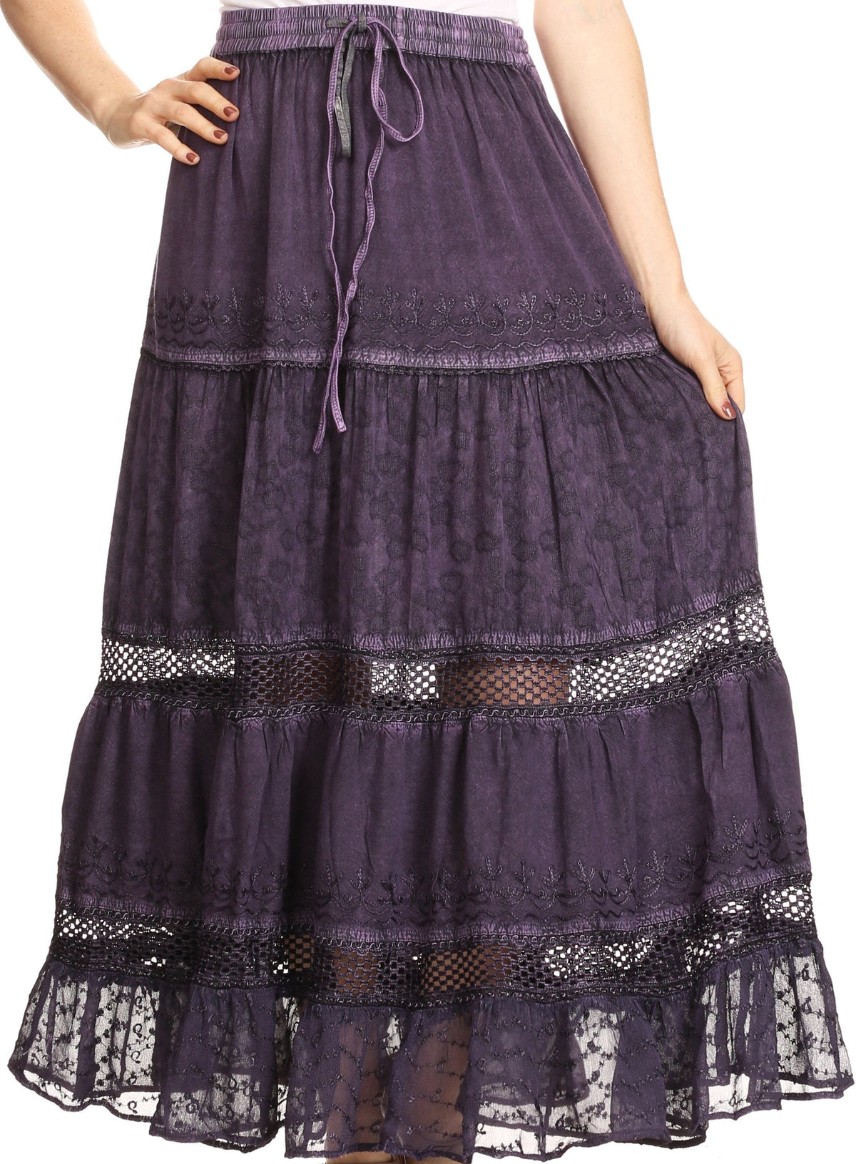Sakkas Salina Boho Maxi Skirt with Embroidery and Crochet Lace Adjustable Waist