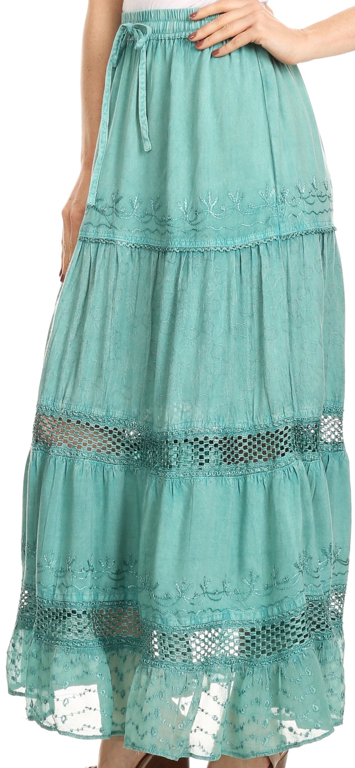 Sakkas Salina Boho Maxi Skirt with Embroidery and Crochet Lace Adjustable Waist