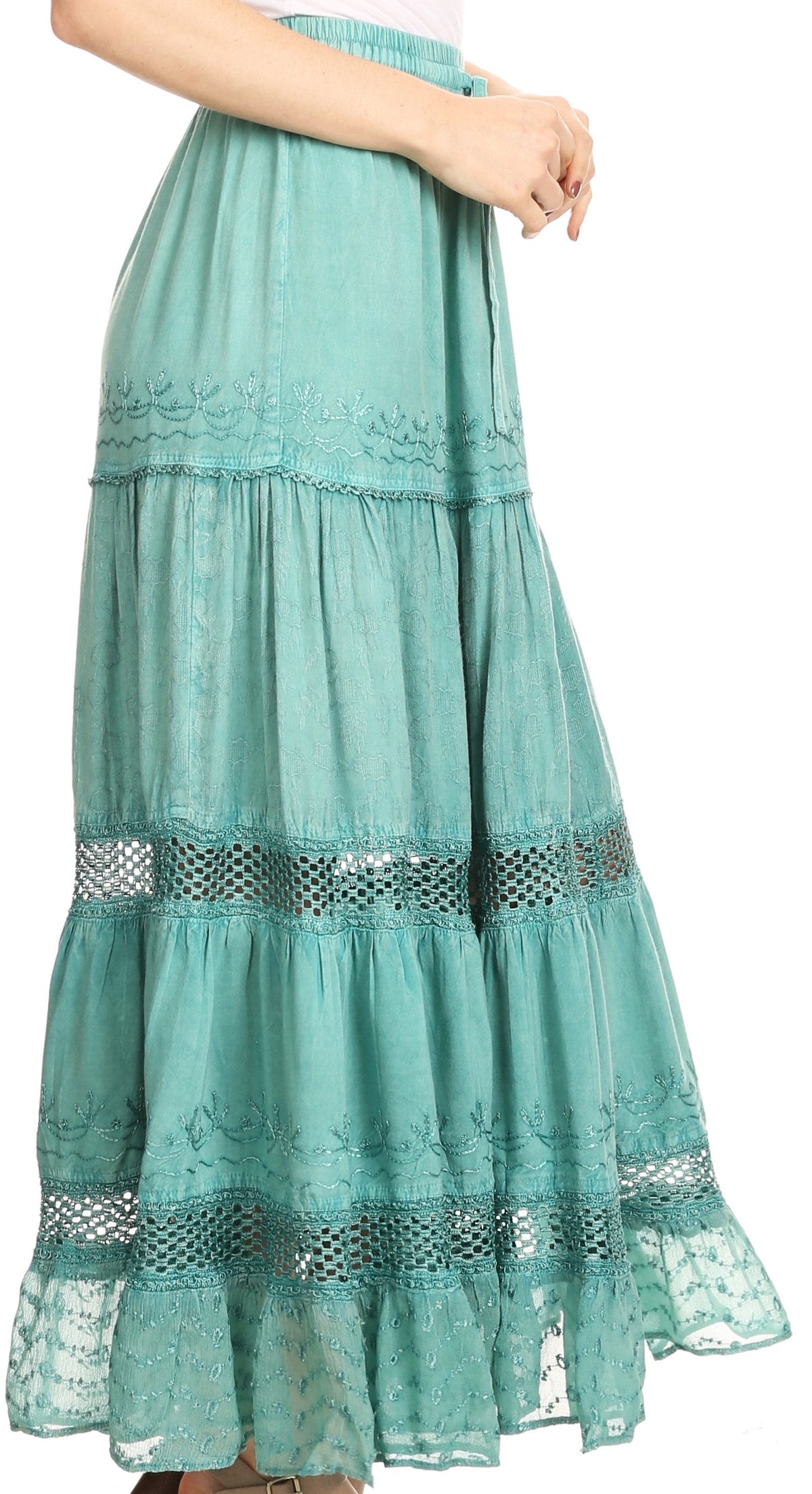 Sakkas Salina Boho Maxi Skirt with Embroidery and Crochet Lace Adjustable Waist
