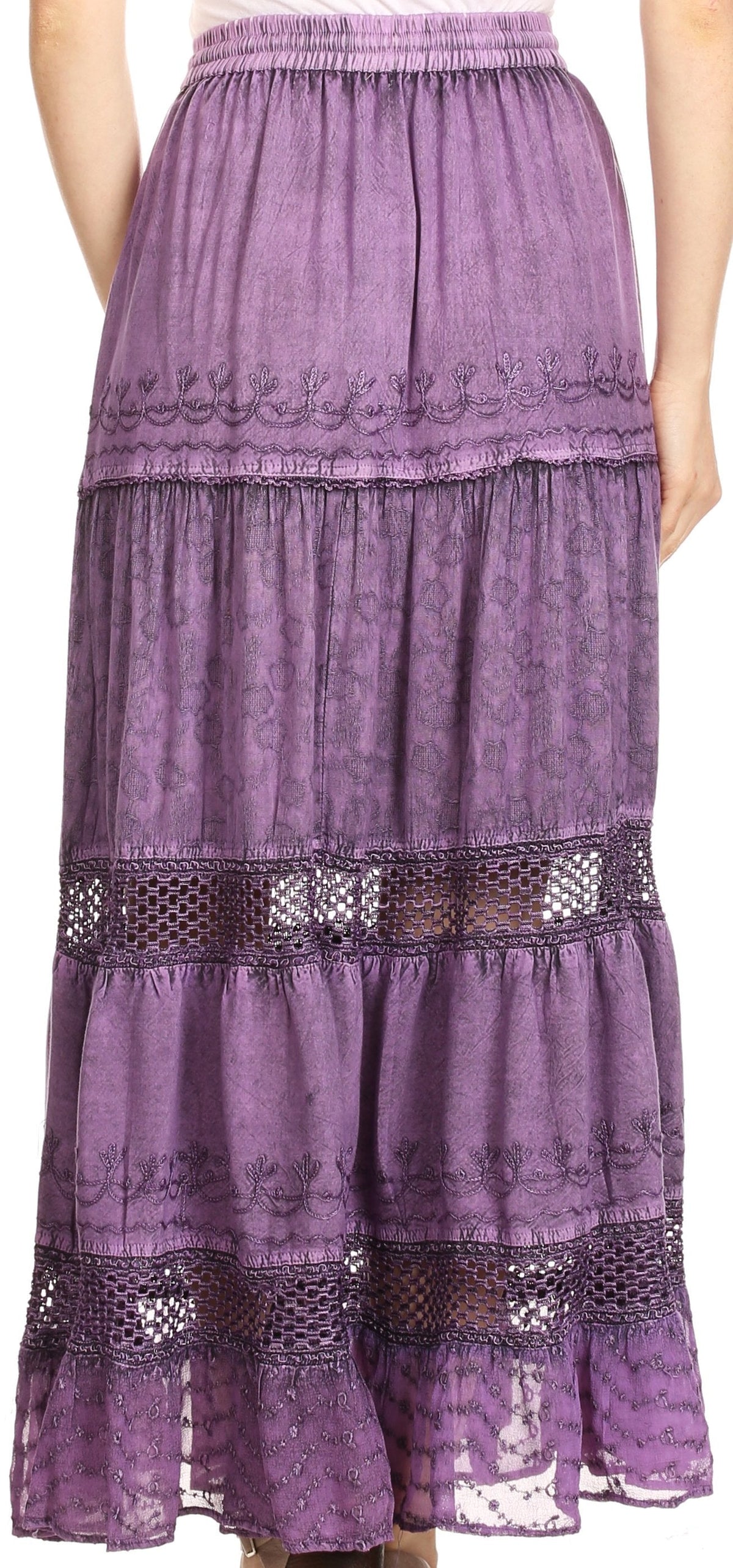 Sakkas Salina Boho Maxi Skirt with Embroidery and Crochet Lace Adjustable Waist