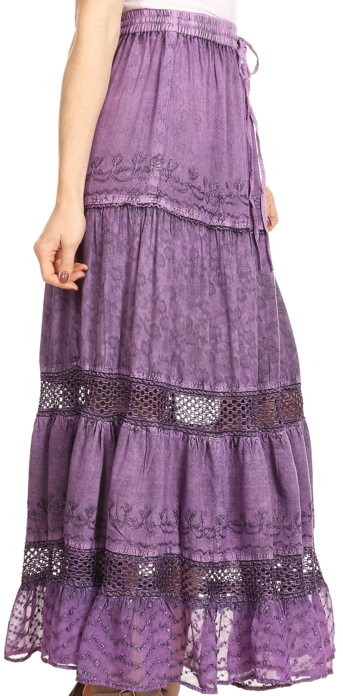 Sakkas Salina Boho Maxi Skirt with Embroidery and Crochet Lace Adjustable Waist