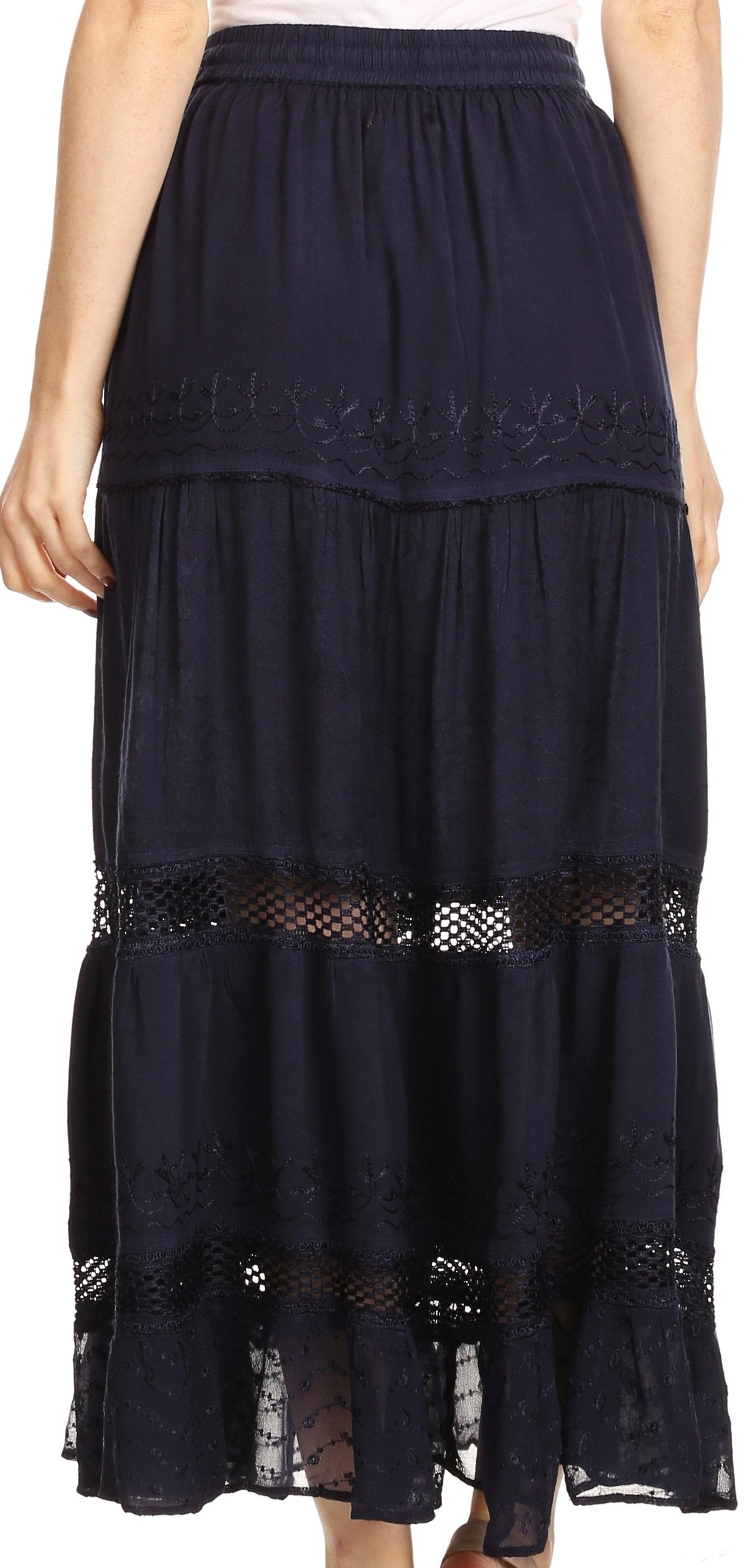 Sakkas Salina Boho Maxi Skirt with Embroidery and Crochet Lace Adjustable Waist