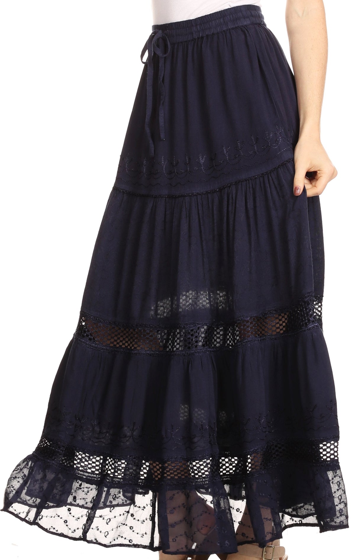 Sakkas Salina Boho Maxi Skirt with Embroidery and Crochet Lace Adjustable Waist