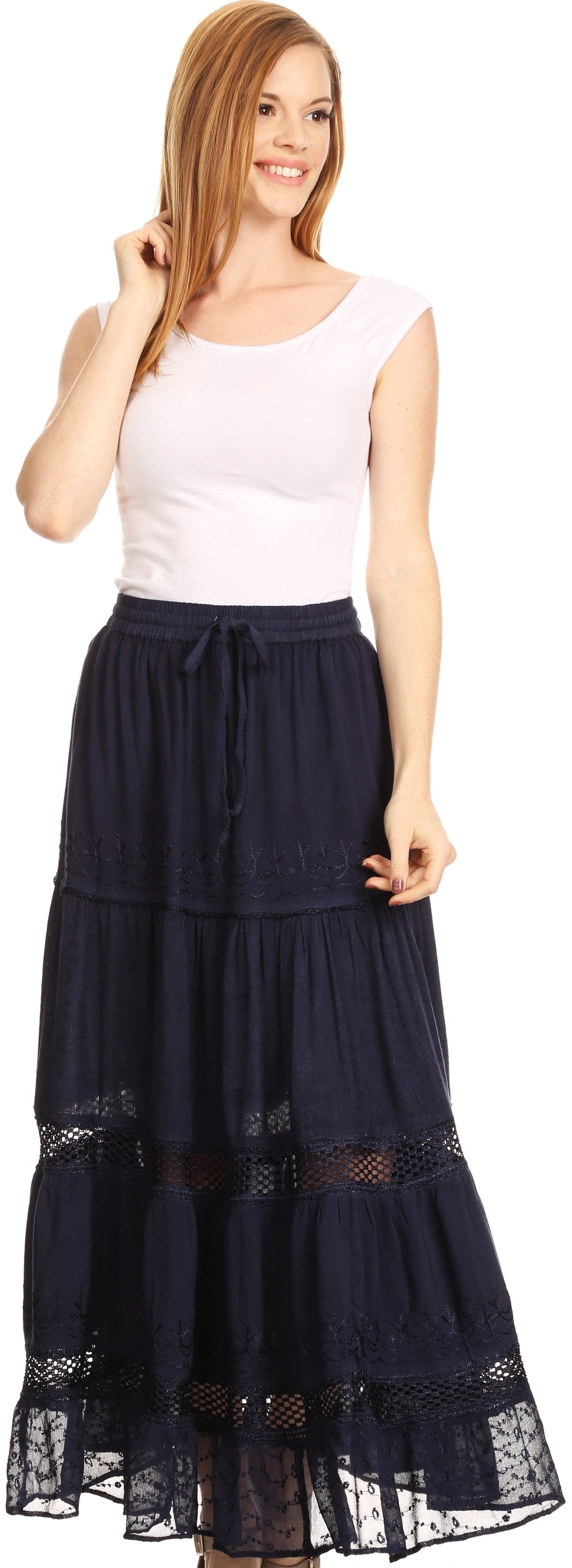 Sakkas Salina Boho Maxi Skirt with Embroidery and Crochet Lace Adjustable Waist