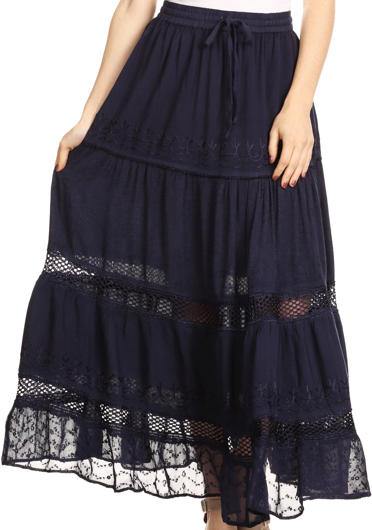 Sakkas Salina Boho Maxi Skirt with Embroidery and Crochet Lace Adjustable Waist