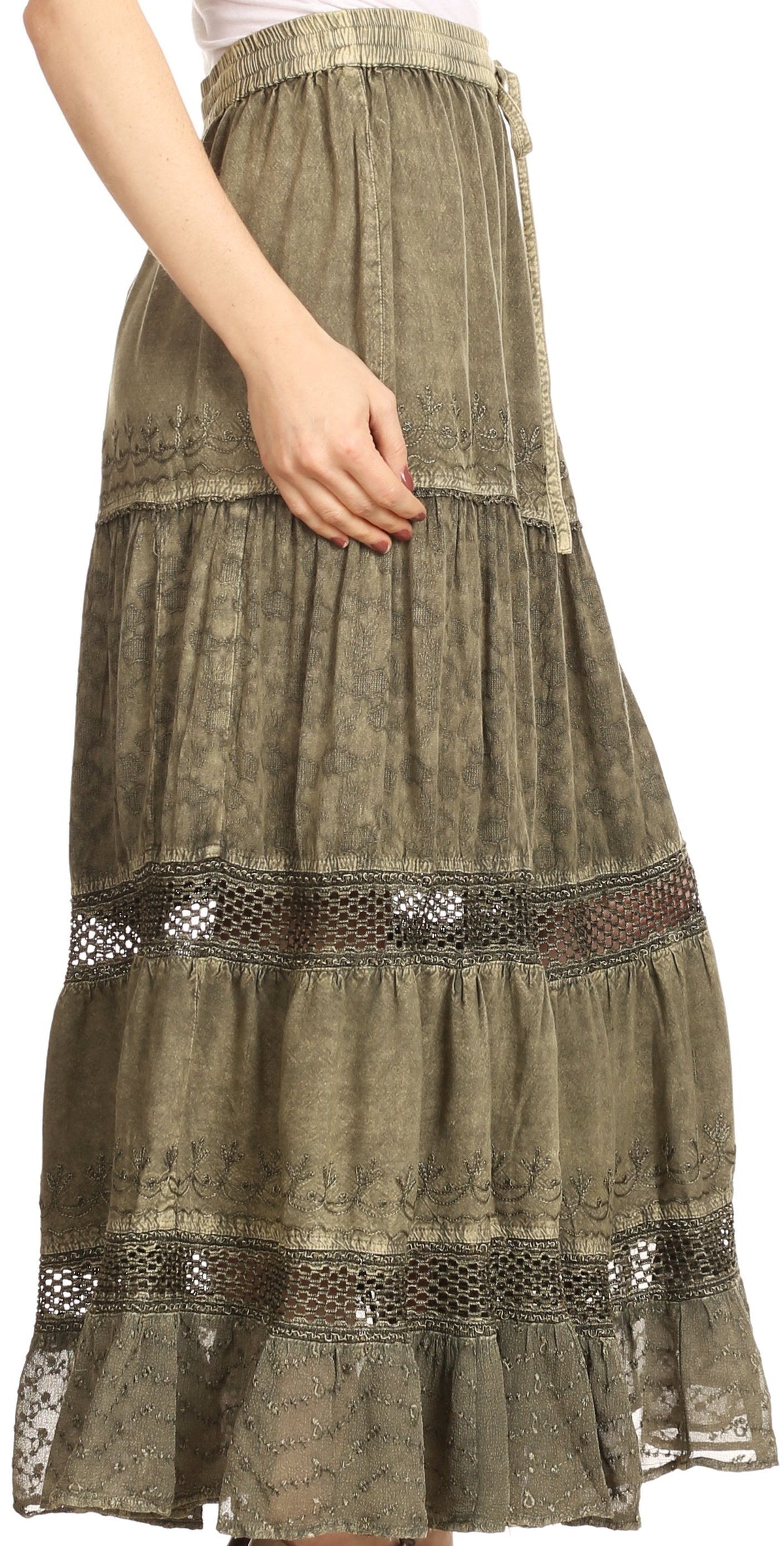 Sakkas Salina Boho Maxi Skirt with Embroidery and Crochet Lace Adjustable Waist