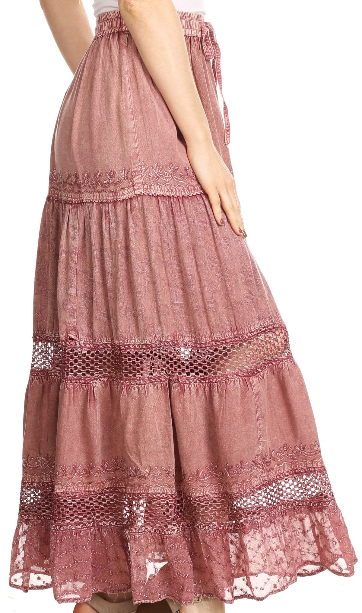 Sakkas Salina Boho Maxi Skirt with Embroidery and Crochet Lace Adjustable Waist