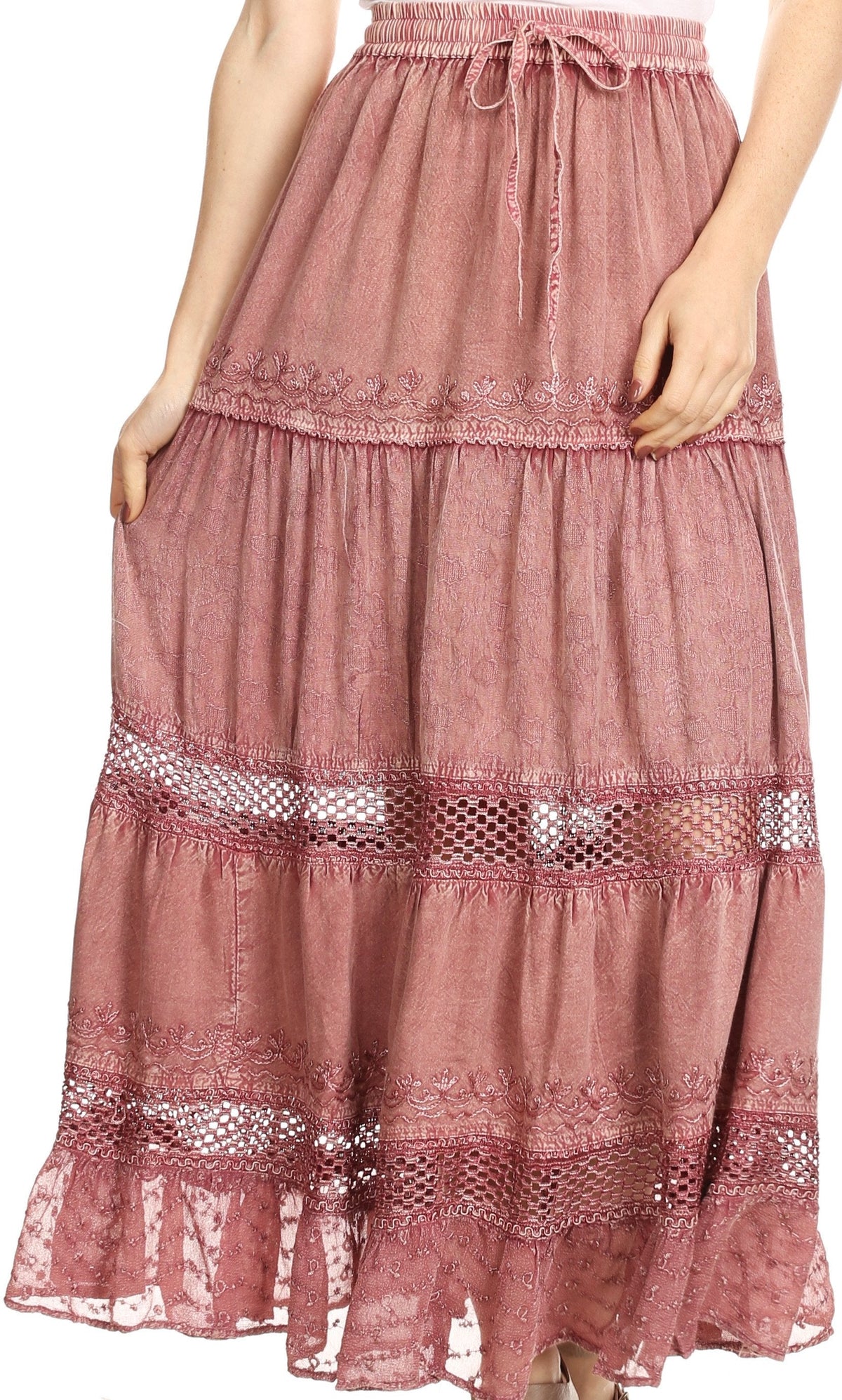 Sakkas Salina Boho Maxi Skirt with Embroidery and Crochet Lace Adjustable Waist