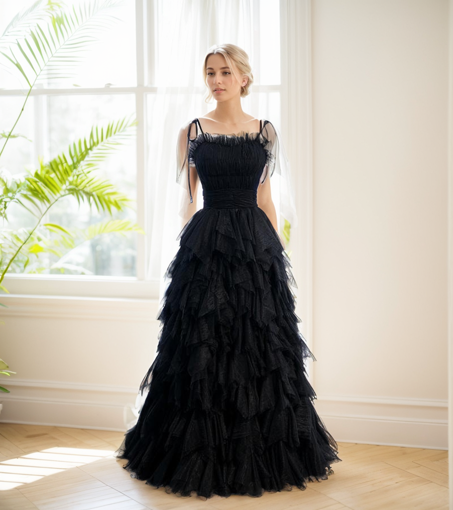 Spaghetti-straps Pleated bodice Ruffle Layered tutu soft tulle prom dress