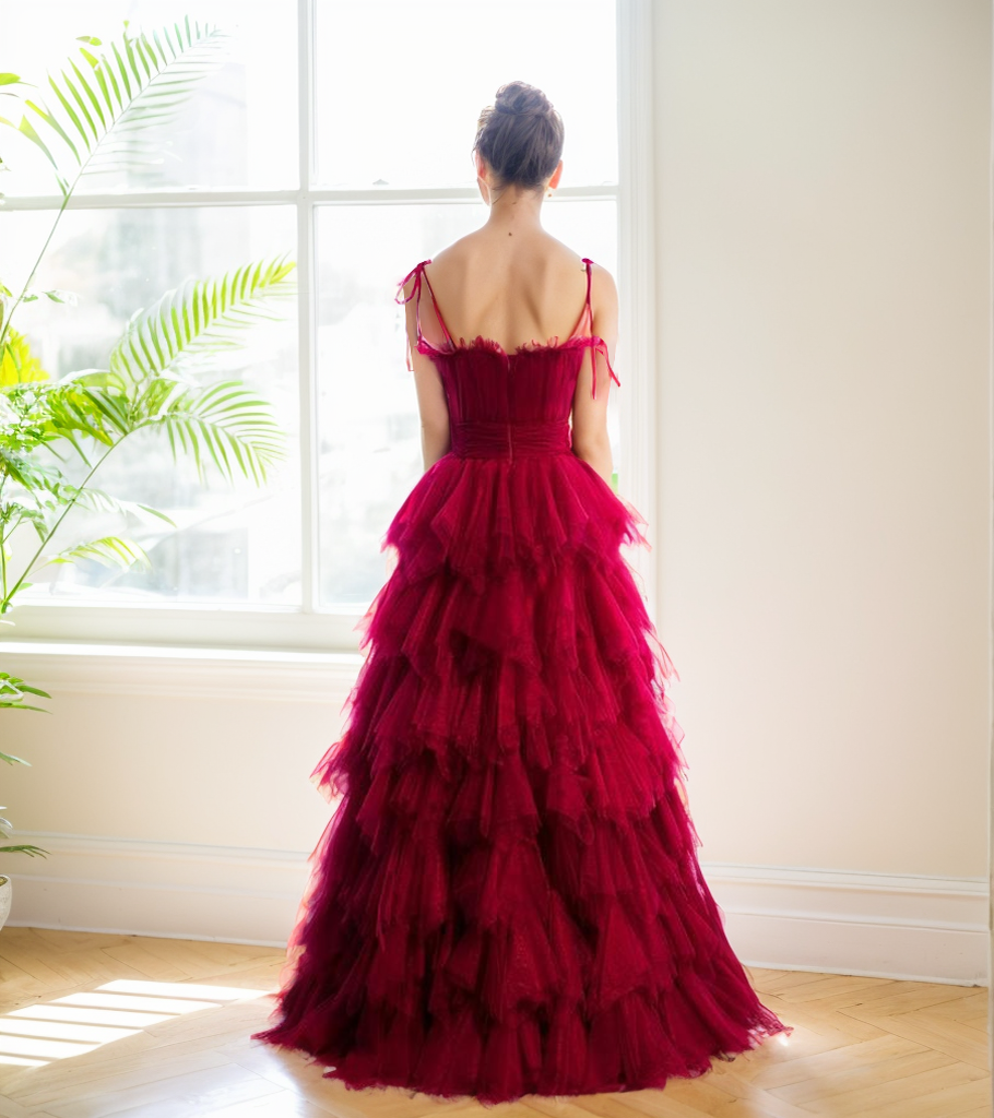 Spaghetti-straps Pleated bodice Ruffle Layered tutu soft tulle prom dress