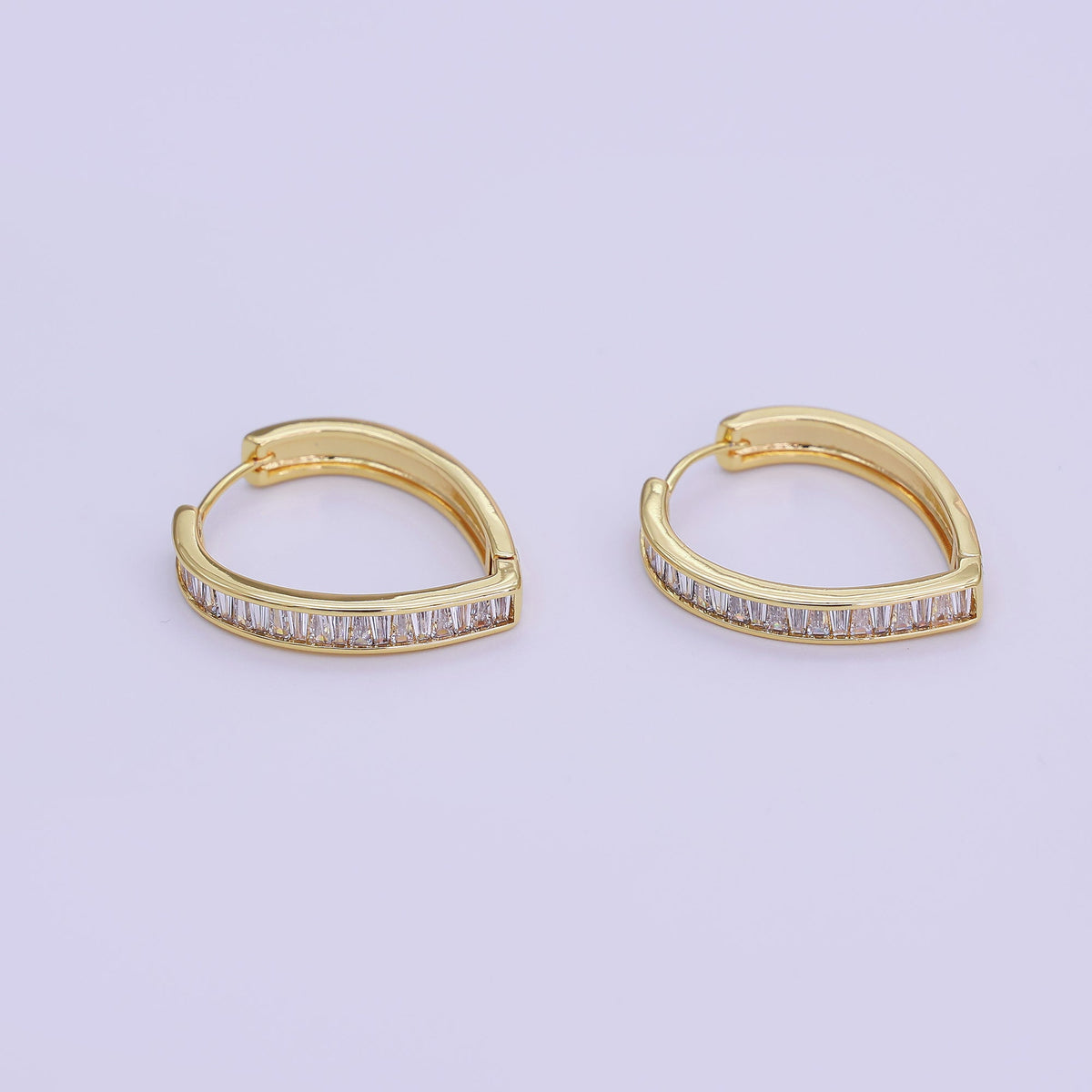 24K Gold Filled 25mm Clear CZ Baguette Navette Triangle Hoop Earrings | T155