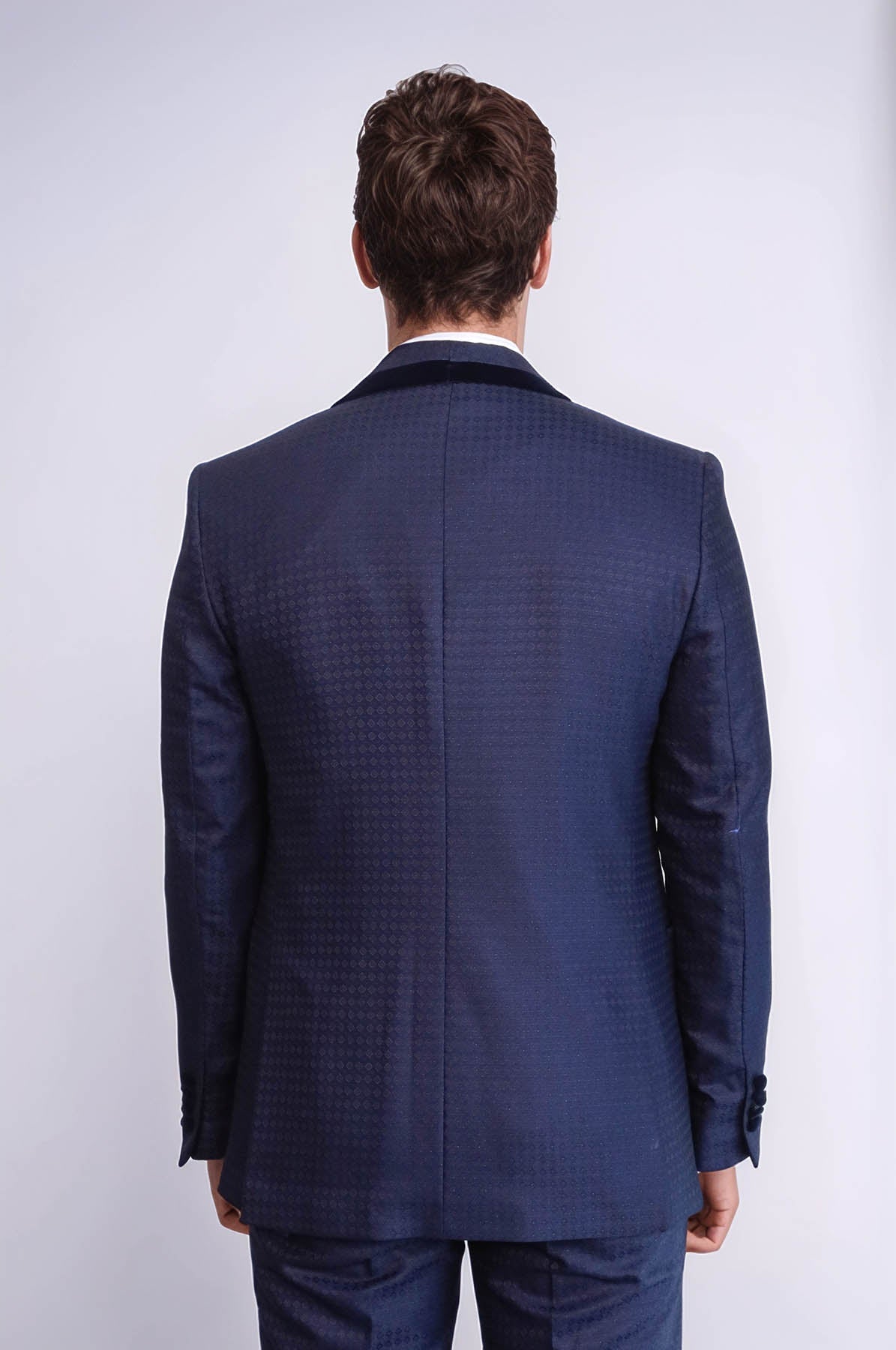 Patterned Velvet Lapel Navy Blue Men Tuxedo - Wessi