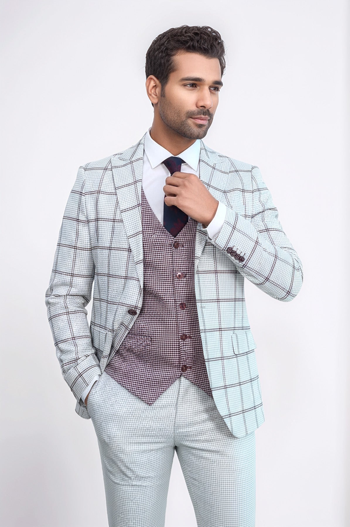Checked Patterned Vested Light Grey Men Suit - Wessi