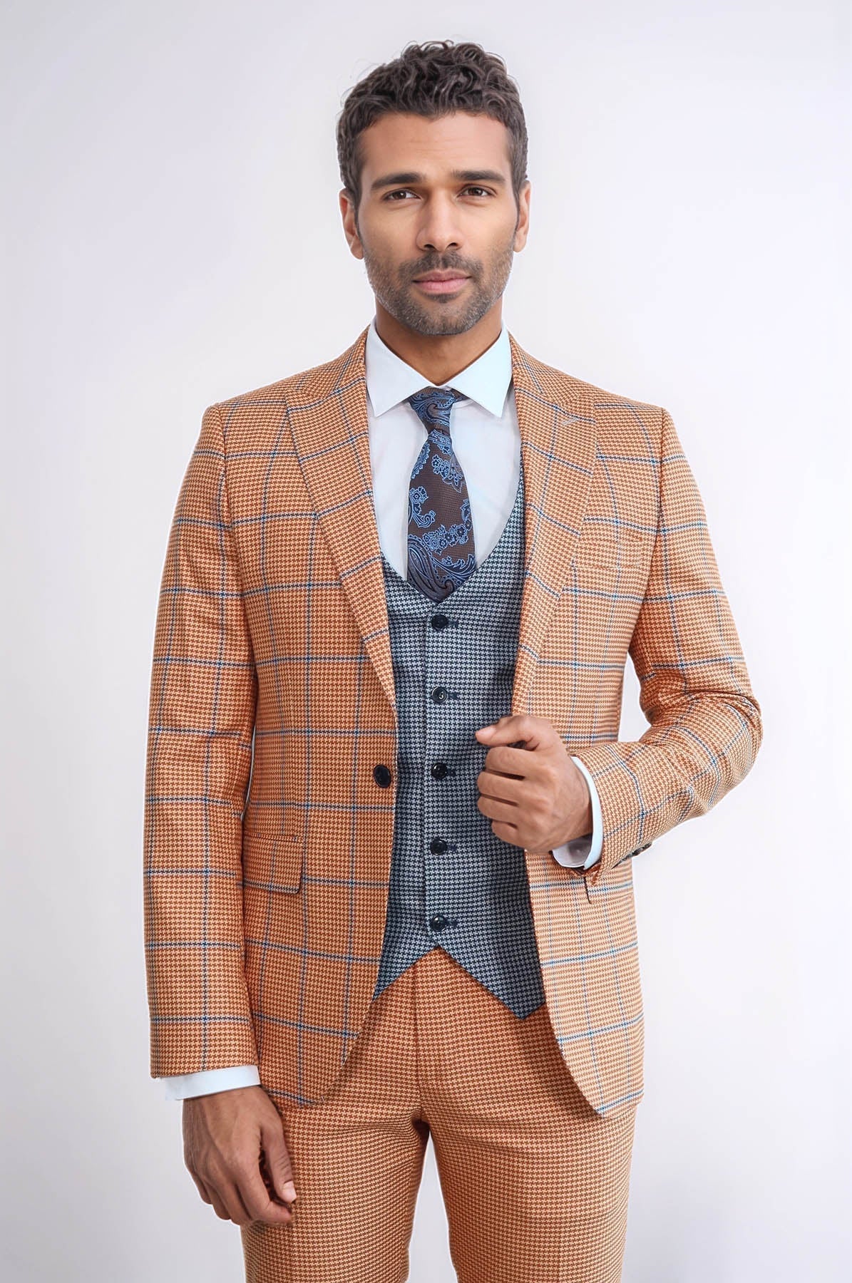 Checked Patterned Slim Fit Orange Men Suit - Wessi