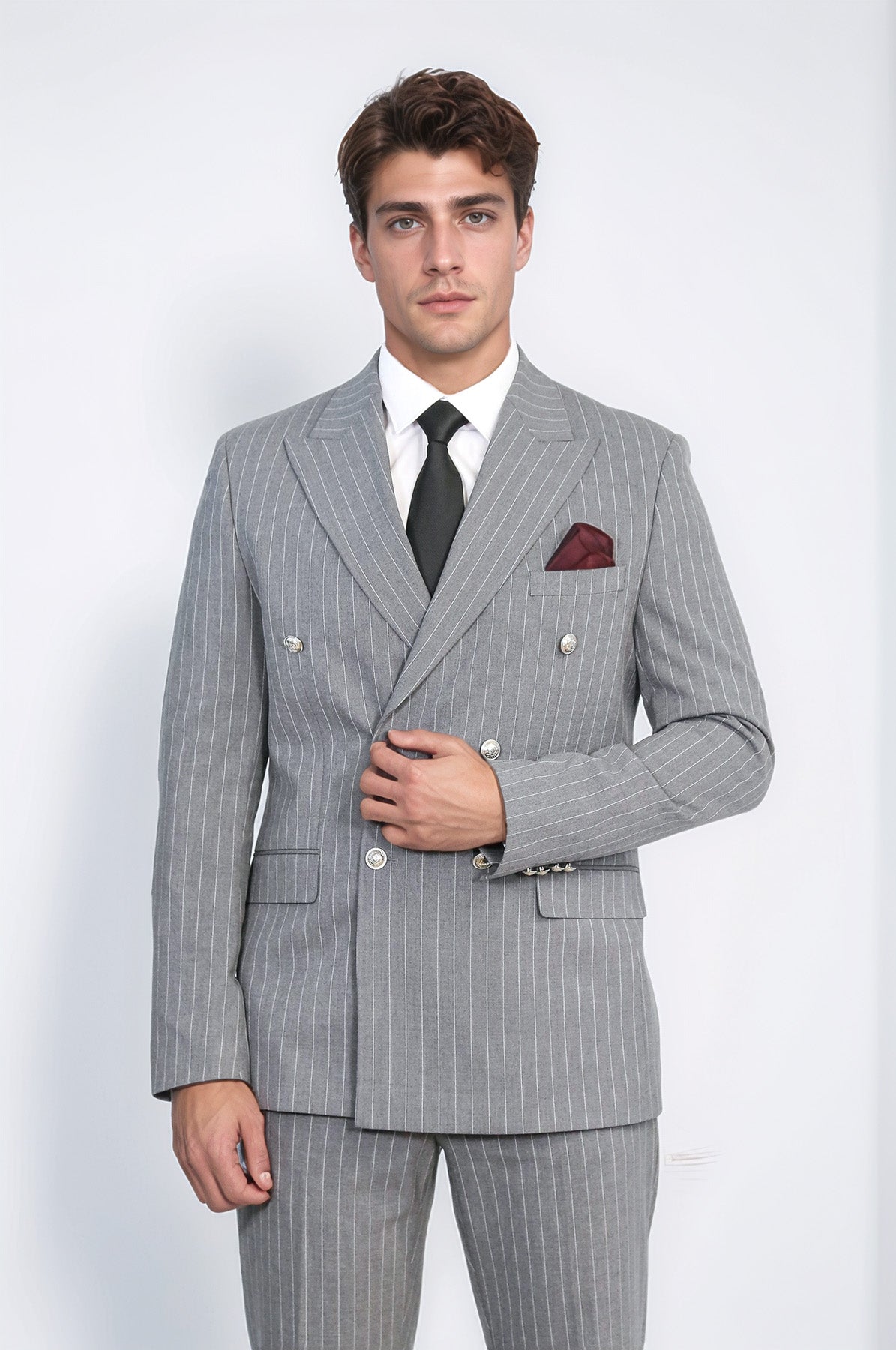 Pinstripe Double Breasted Men’s Grey Suit with Silver Button Details - Wessi