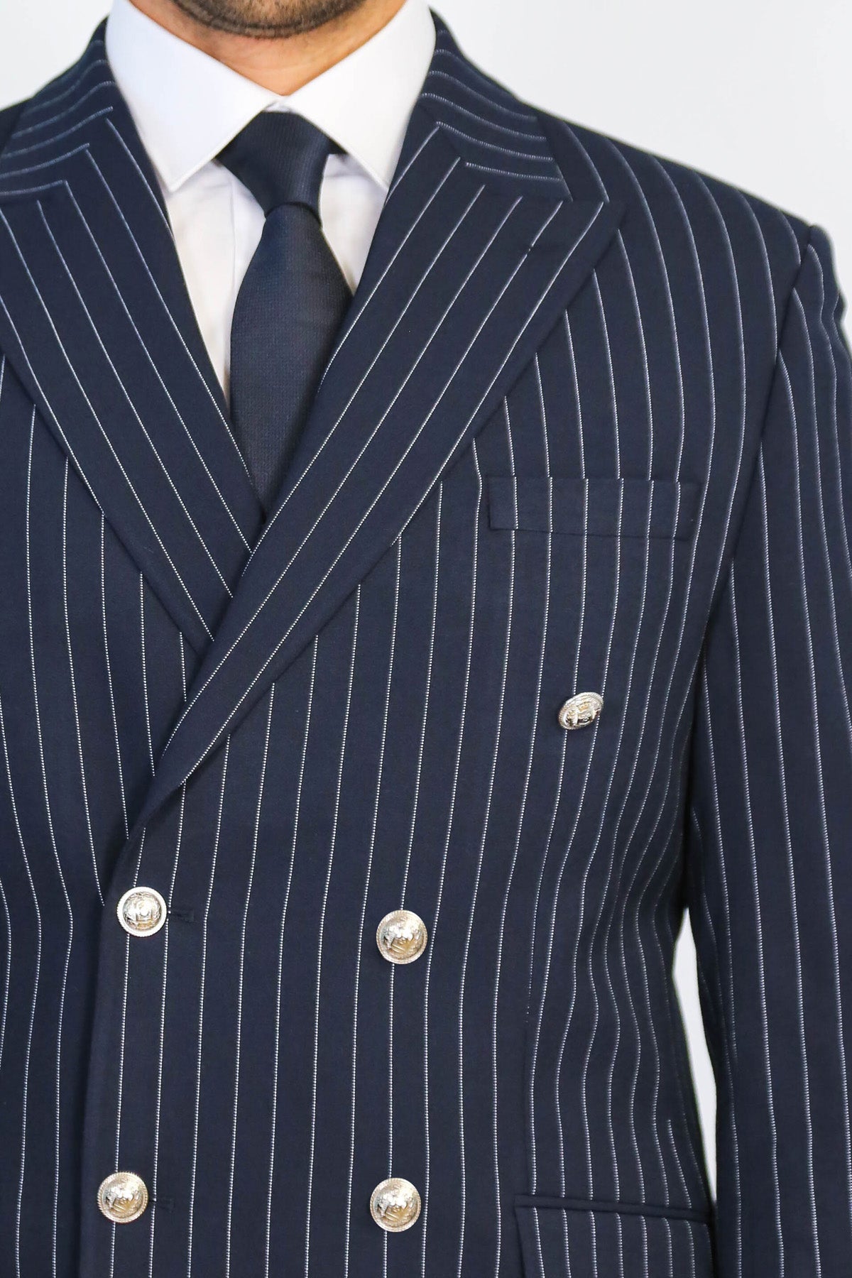 Pinstripe Double Breasted Men’s Navy Blue Suit with Silver Button Details - Wessi
