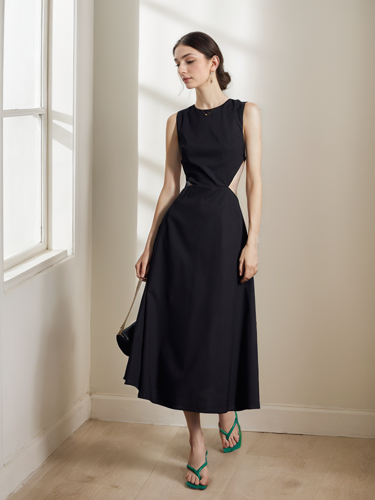 Timeless Elegance Backless Satin Midi Dress with Intricate Cutout