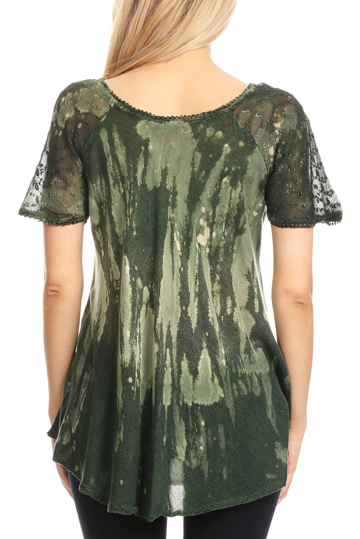Sakkas Jannat Short Sleeve Casual Work Top Blouse in Tie-Dye with Embroidery Lace