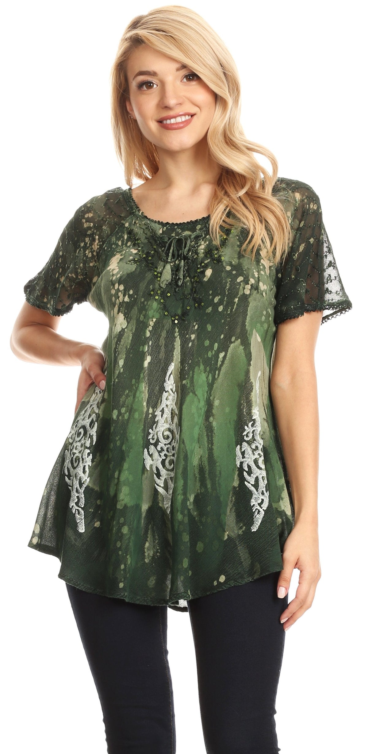 Sakkas Jannat Short Sleeve Casual Work Top Blouse in Tie-Dye with Embroidery Lace