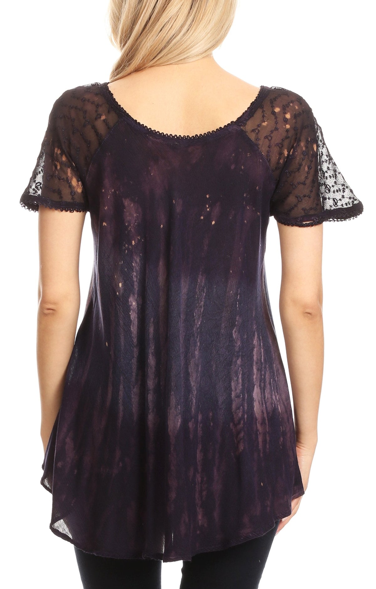 Sakkas Jannat Short Sleeve Casual Work Top Blouse in Tie-Dye with Embroidery Lace