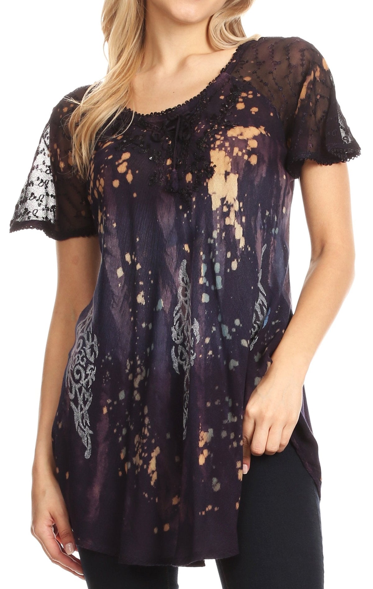 Sakkas Jannat Short Sleeve Casual Work Top Blouse in Tie-Dye with Embroidery Lace
