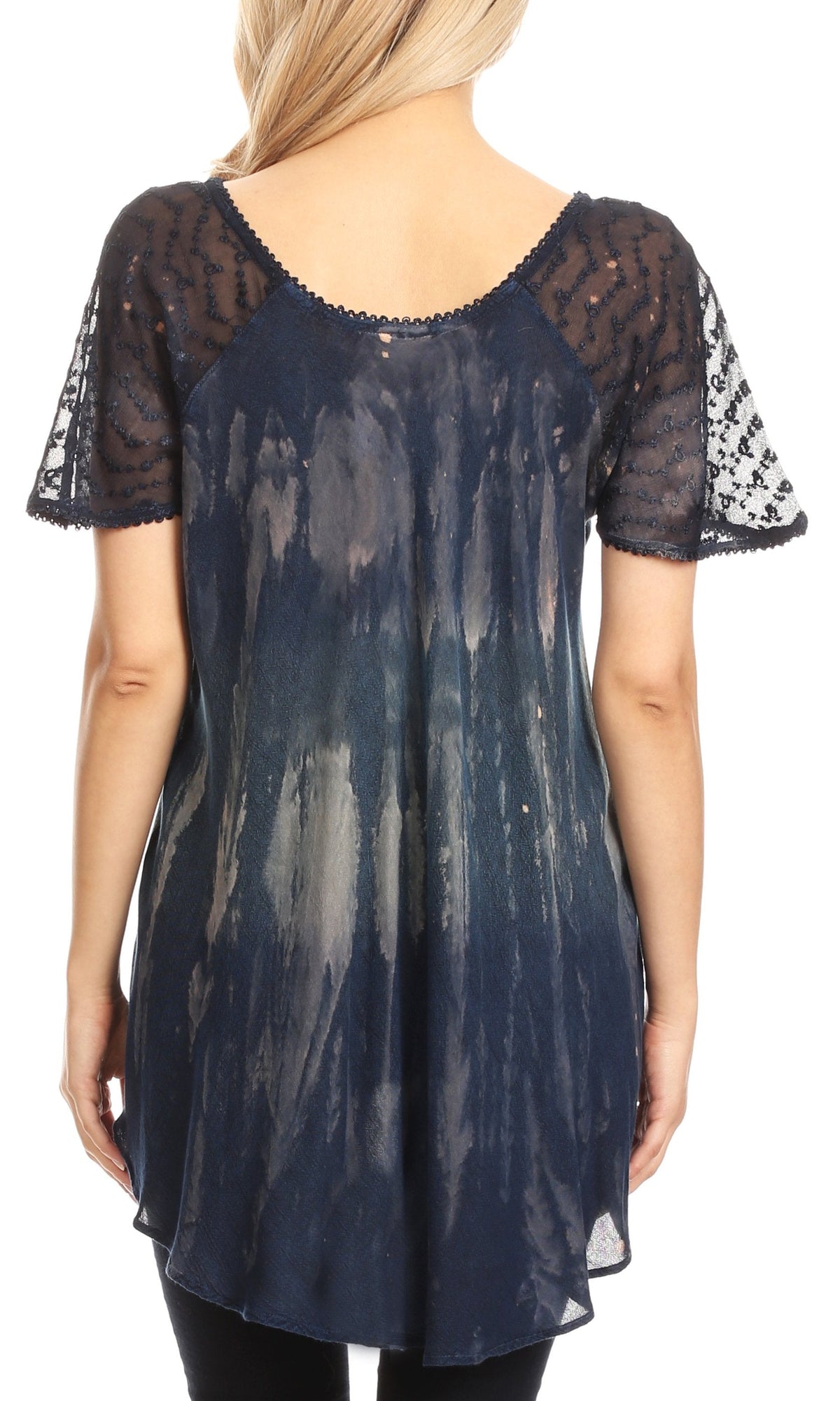 Sakkas Jannat Short Sleeve Casual Work Top Blouse in Tie-Dye with Embroidery Lace