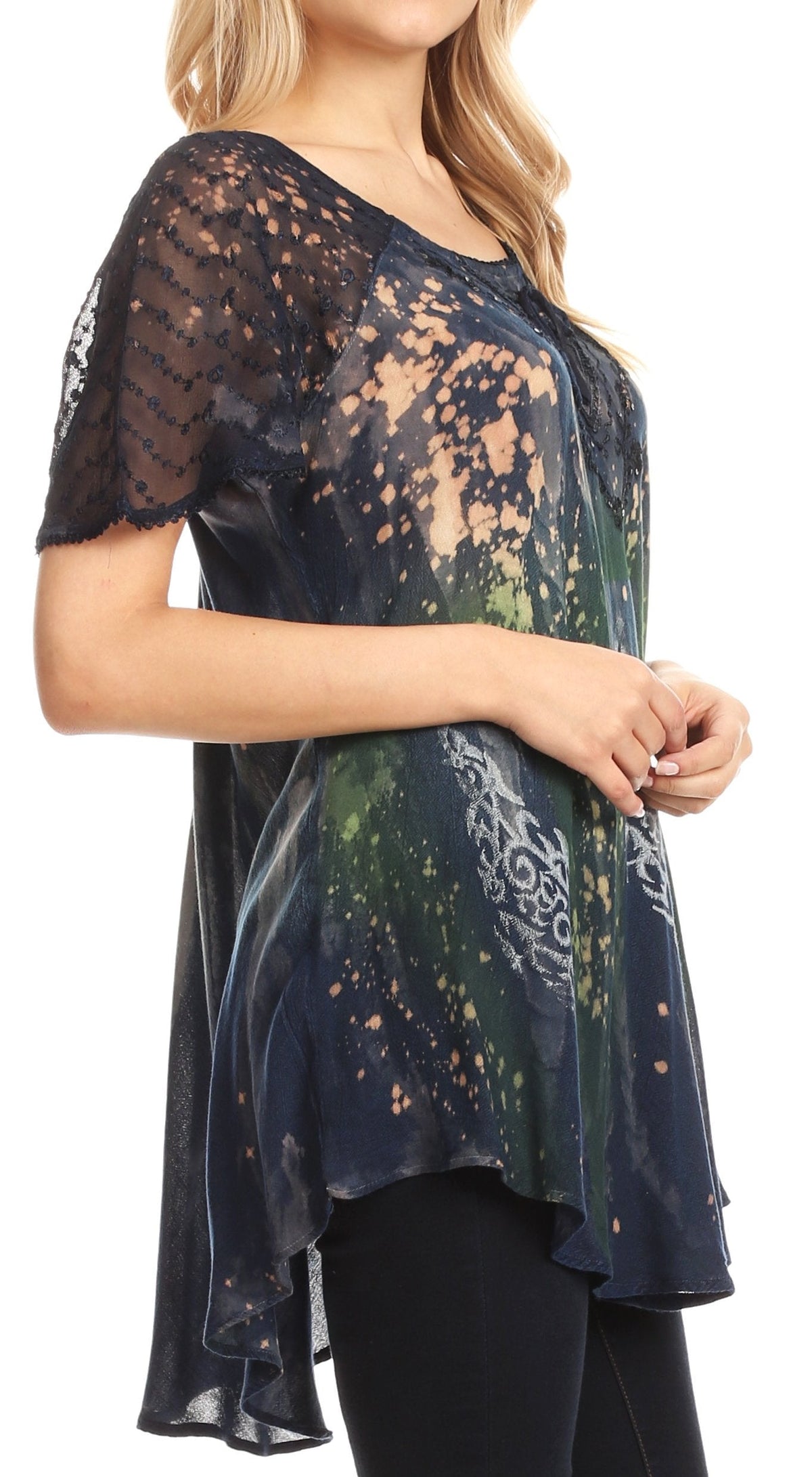Sakkas Jannat Short Sleeve Casual Work Top Blouse in Tie-Dye with Embroidery Lace