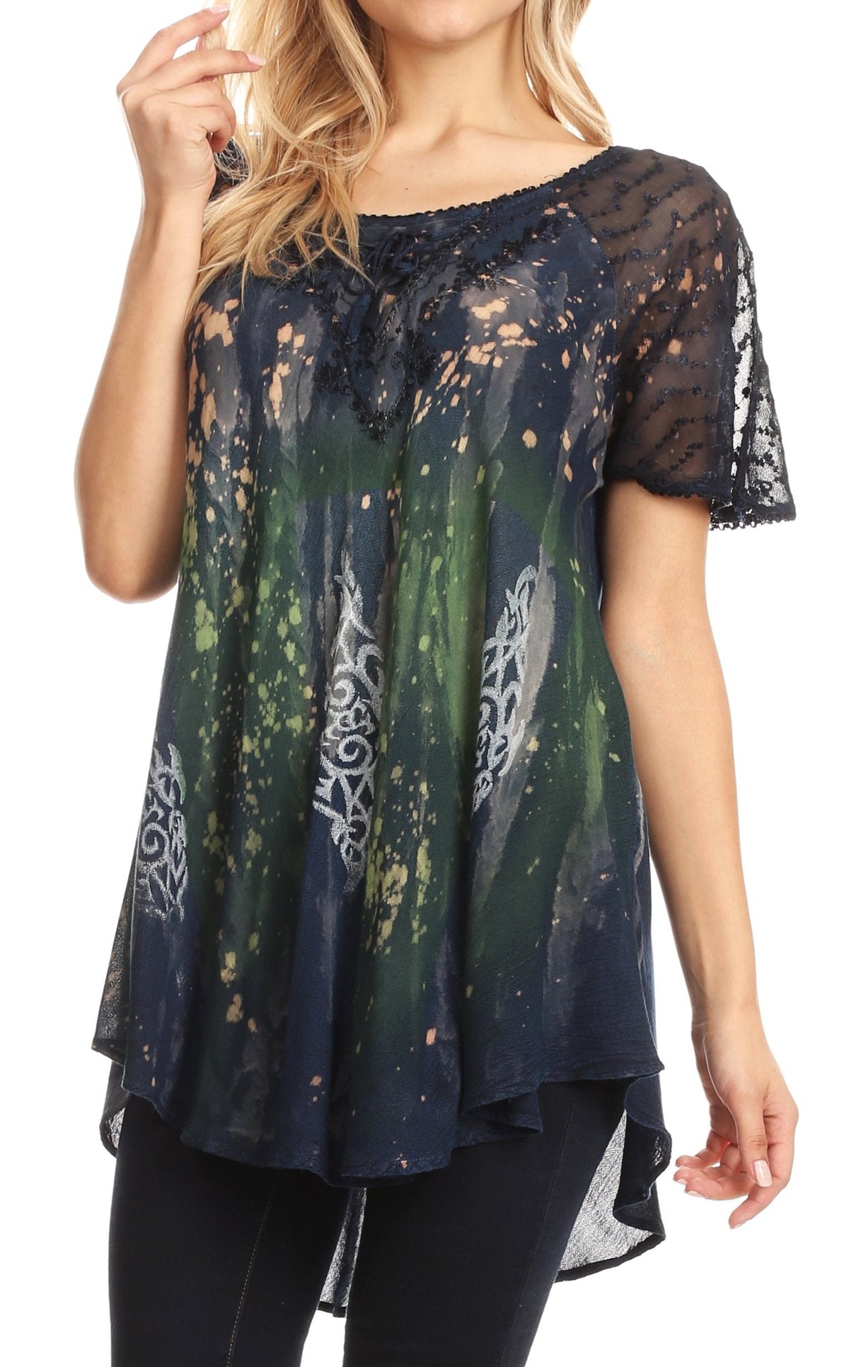 Sakkas Jannat Short Sleeve Casual Work Top Blouse in Tie-Dye with Embroidery Lace