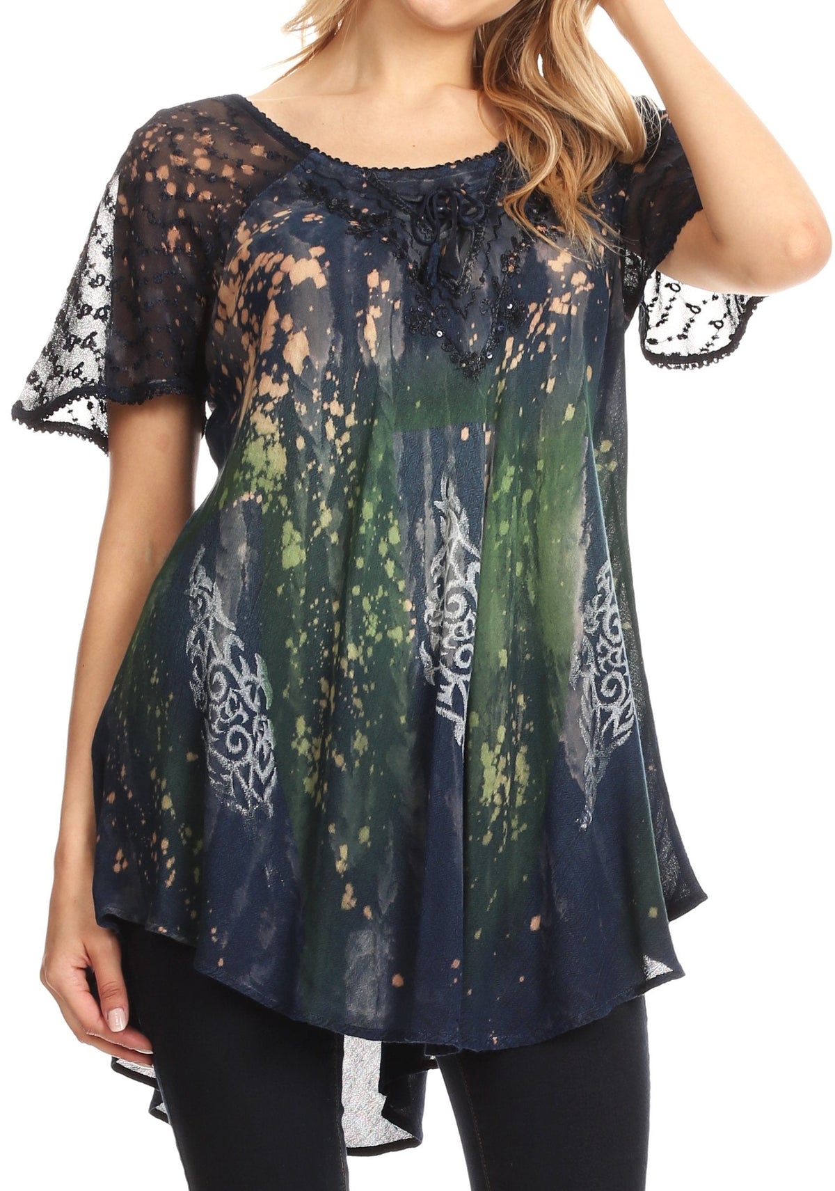 Sakkas Jannat Short Sleeve Casual Work Top Blouse in Tie-Dye with Embroidery Lace