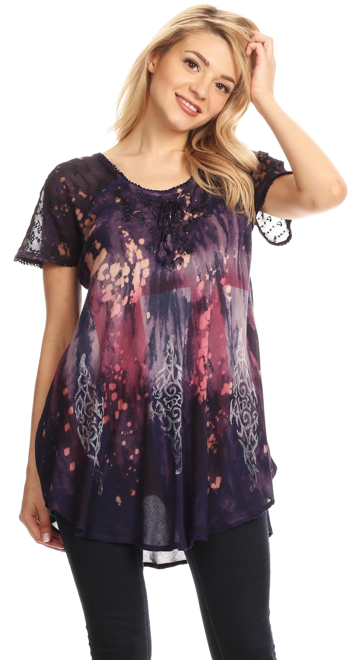 Sakkas Jannat Short Sleeve Casual Work Top Blouse in Tie-Dye with Embroidery Lace