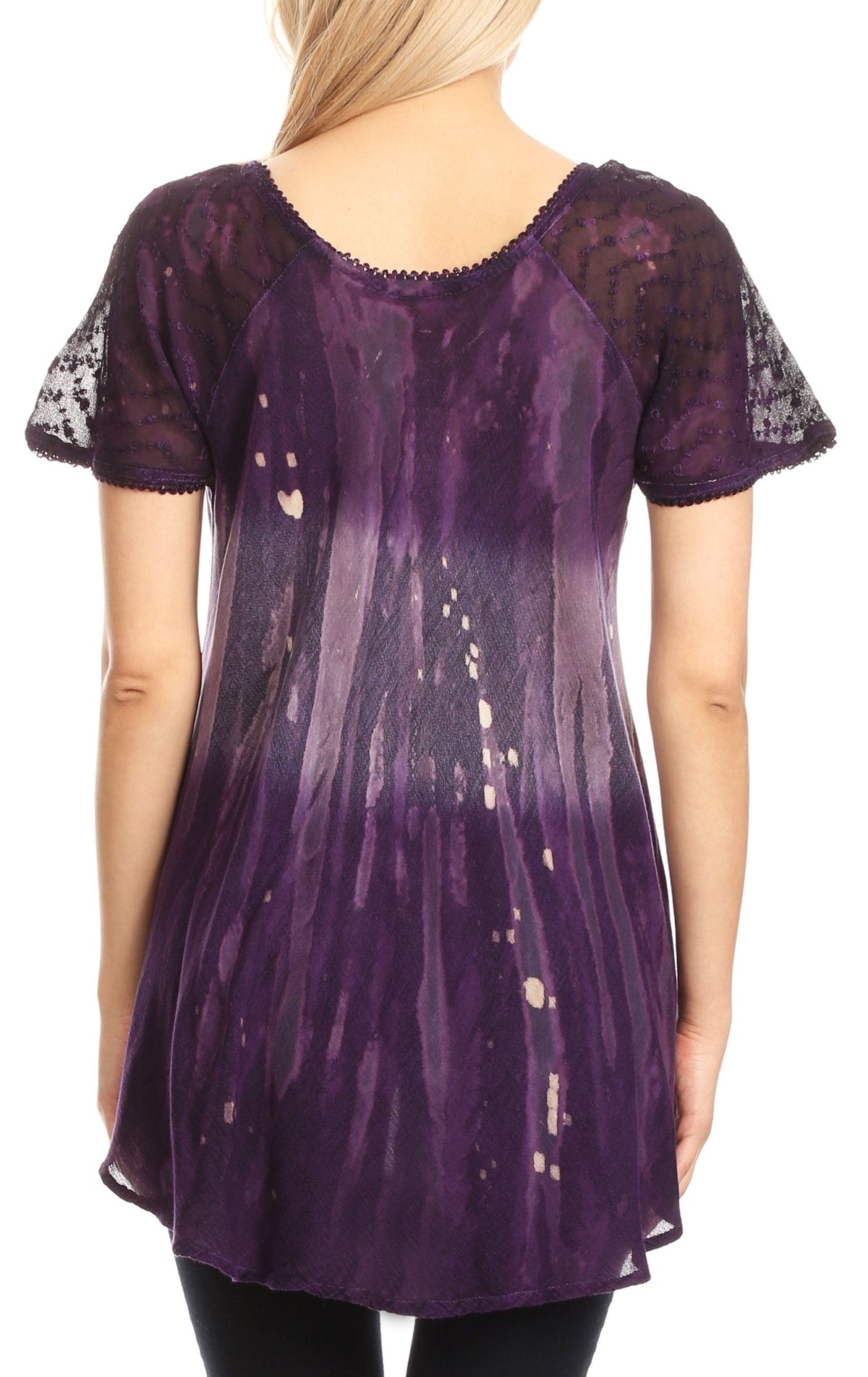 Sakkas Jannat Short Sleeve Casual Work Top Blouse in Tie-Dye with Embroidery Lace