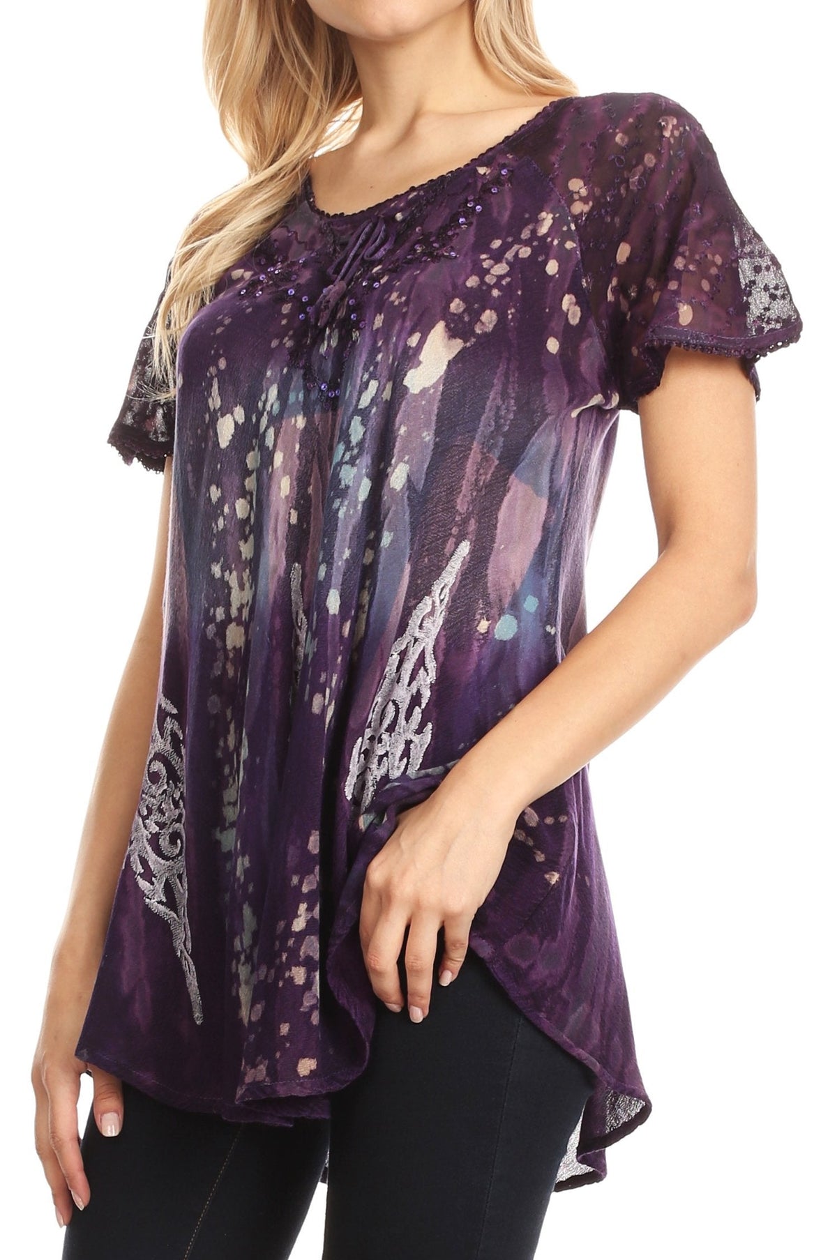 Sakkas Jannat Short Sleeve Casual Work Top Blouse in Tie-Dye with Embroidery Lace