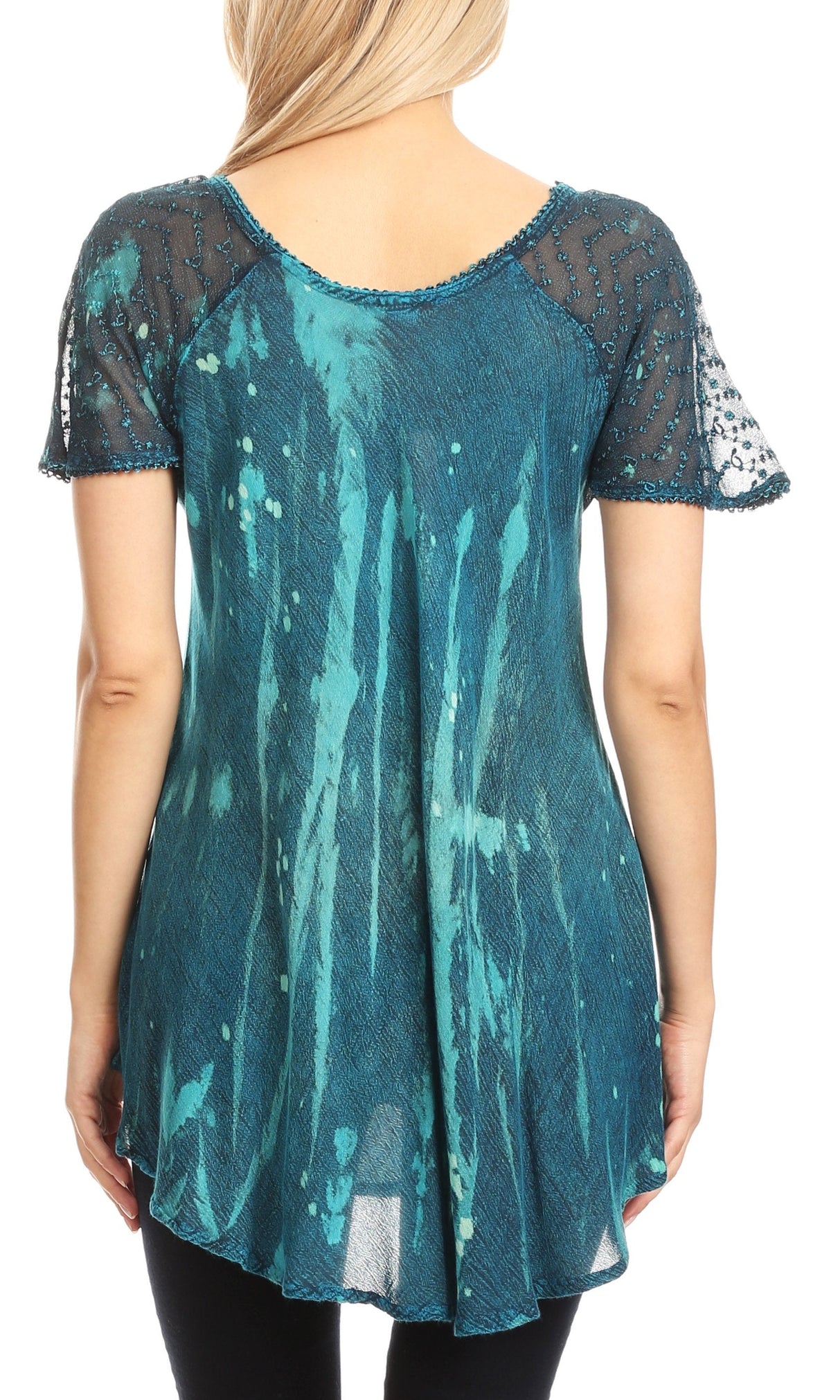 Sakkas Jannat Short Sleeve Casual Work Top Blouse in Tie-Dye with Embroidery Lace