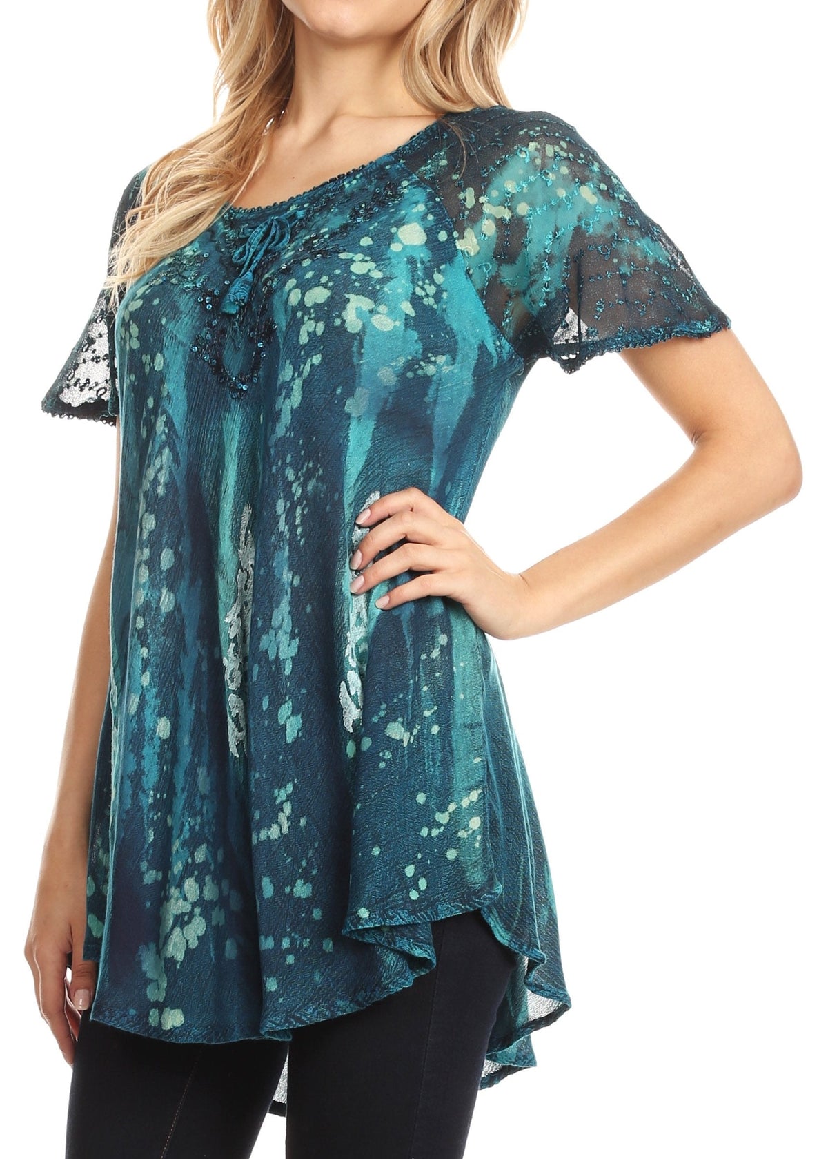 Sakkas Jannat Short Sleeve Casual Work Top Blouse in Tie-Dye with Embroidery Lace