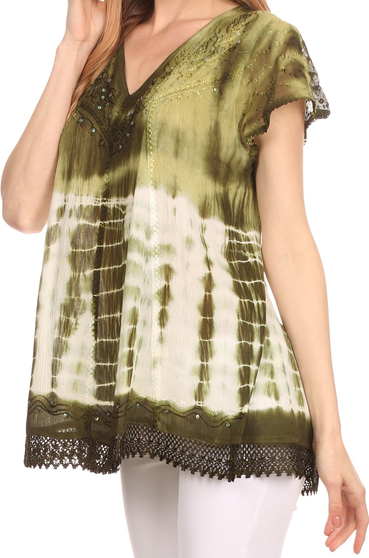 Sakkas Violet Embroidery Tie Dye Sequin Accents Blouse / Top