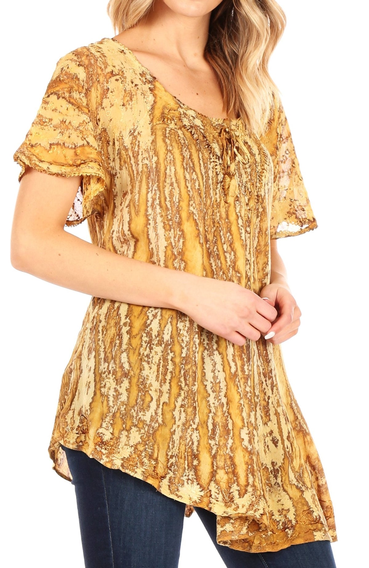Sakkas Zoya Marbled Embroidery Cap Sleeves Blouse / Top