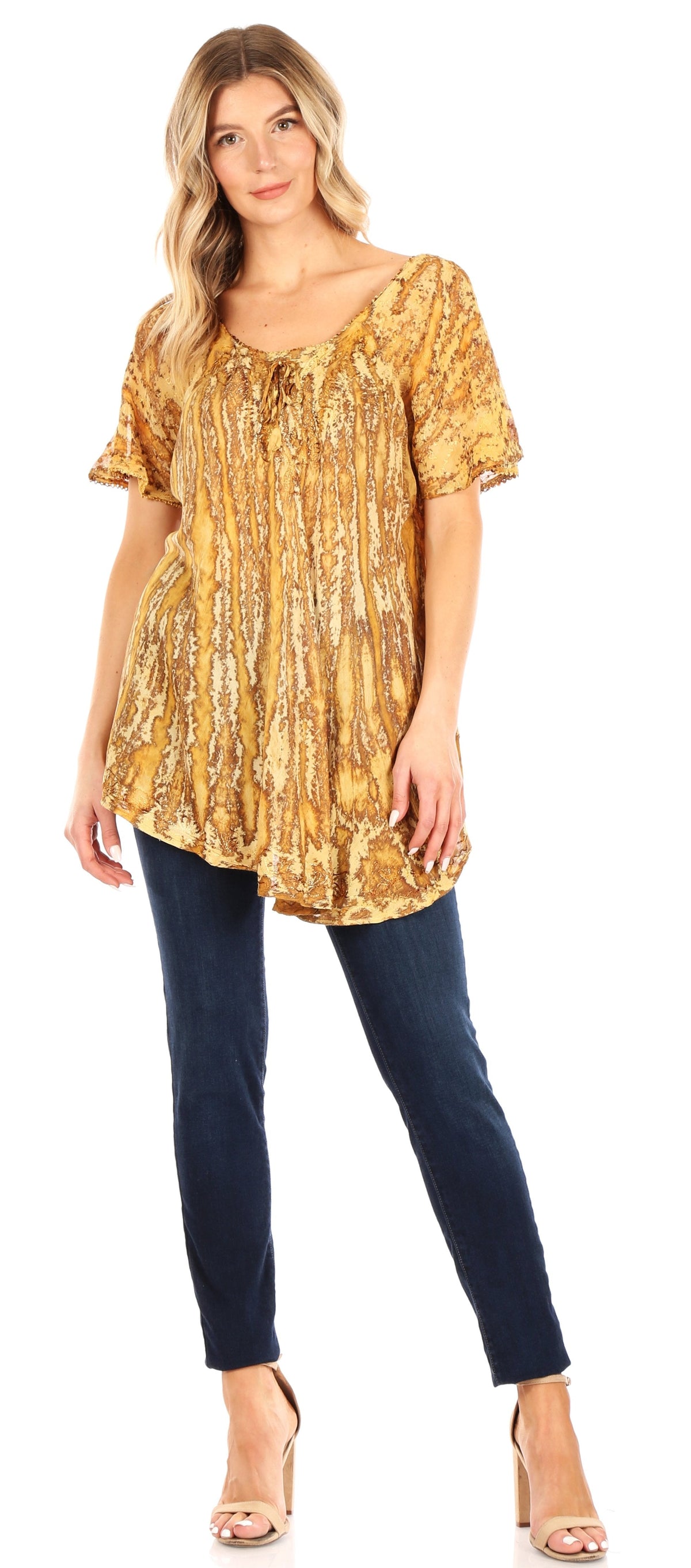 Sakkas Zoya Marbled Embroidery Cap Sleeves Blouse / Top