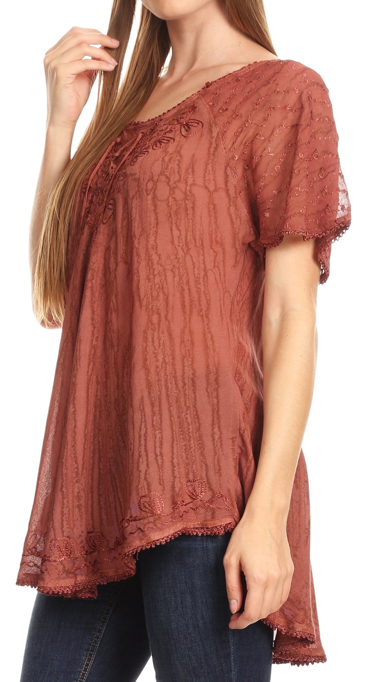 Sakkas Zoya Marbled Embroidery Cap Sleeves Blouse / Top