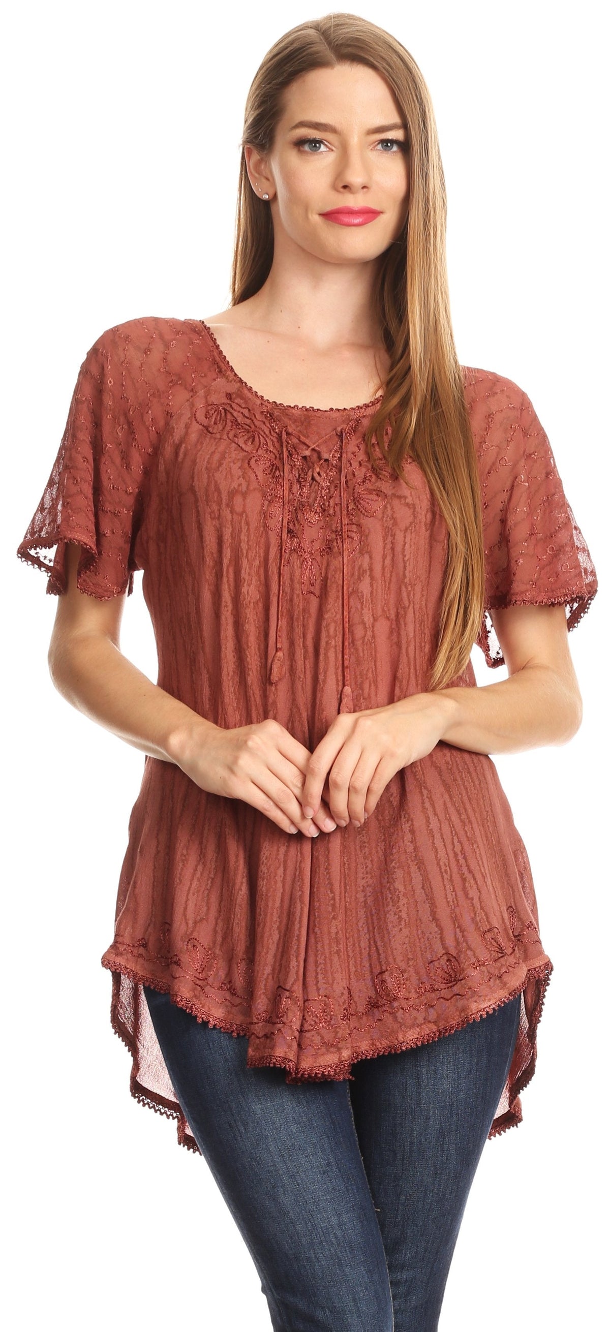 Sakkas Zoya Marbled Embroidery Cap Sleeves Blouse / Top
