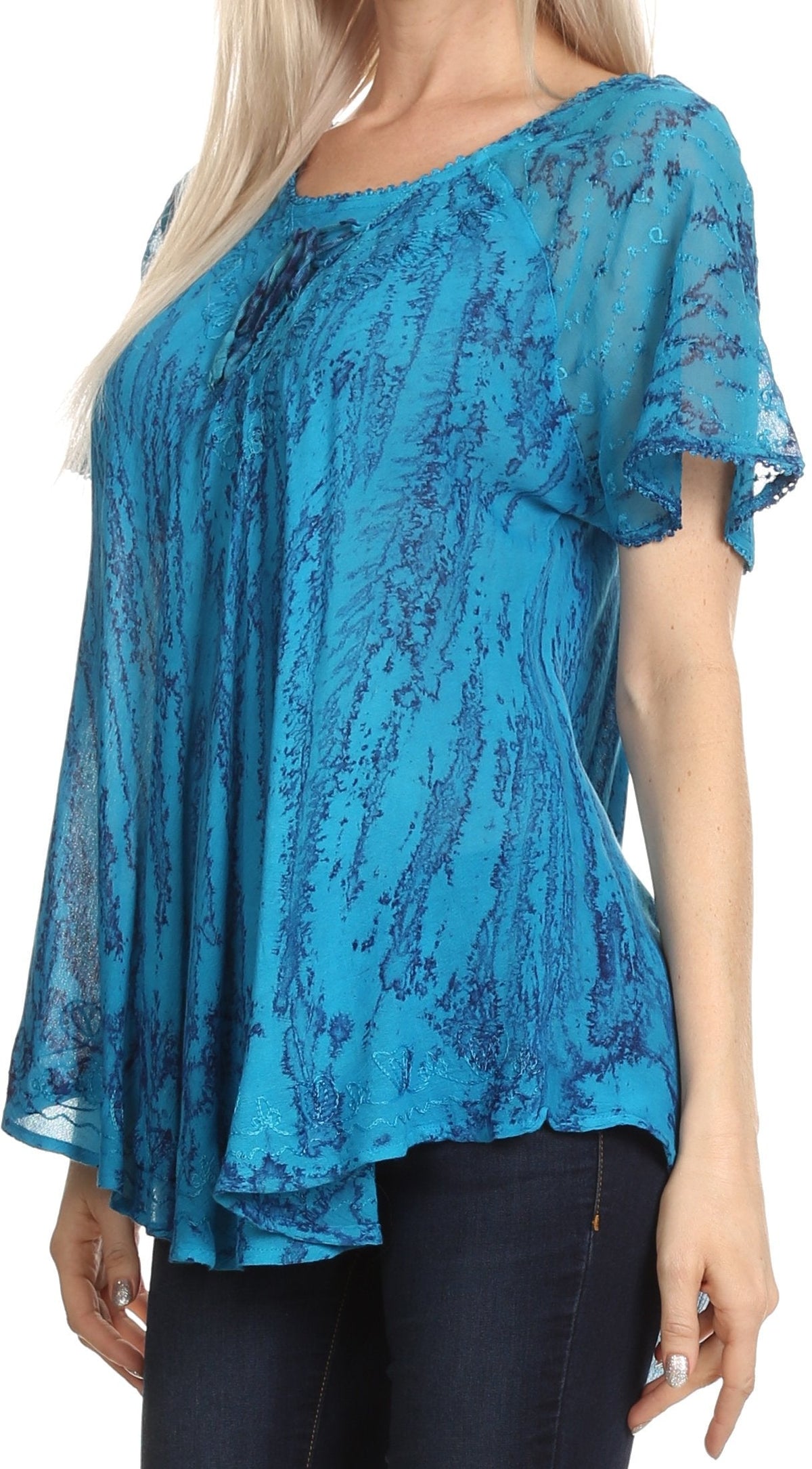 Sakkas Zoya Marbled Embroidery Cap Sleeves Blouse / Top