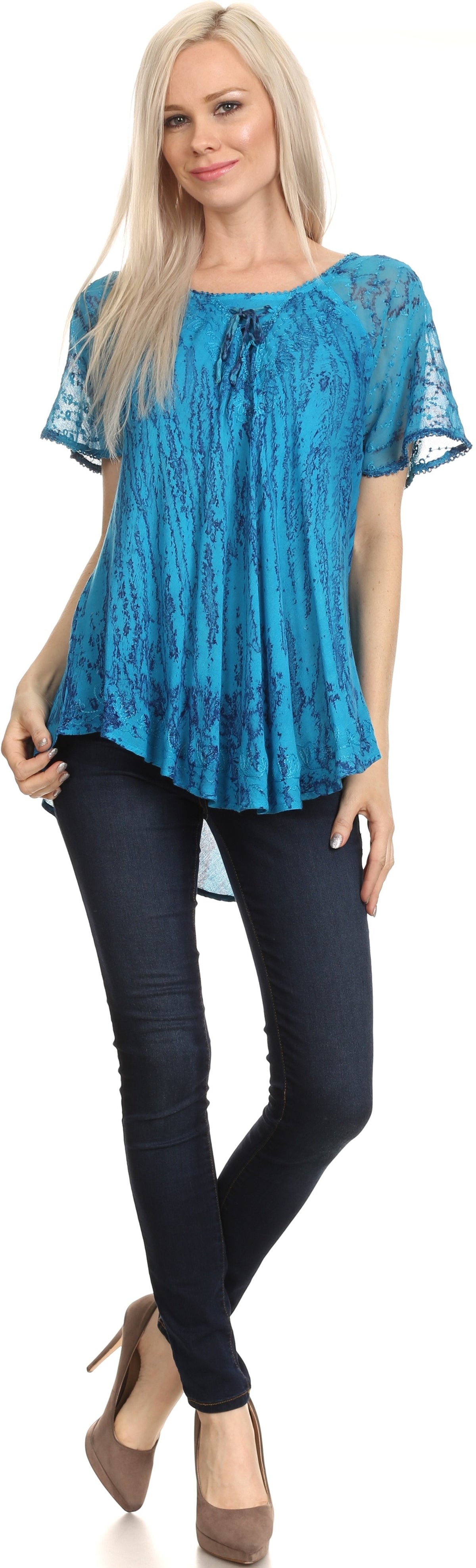 Sakkas Zoya Marbled Embroidery Cap Sleeves Blouse / Top