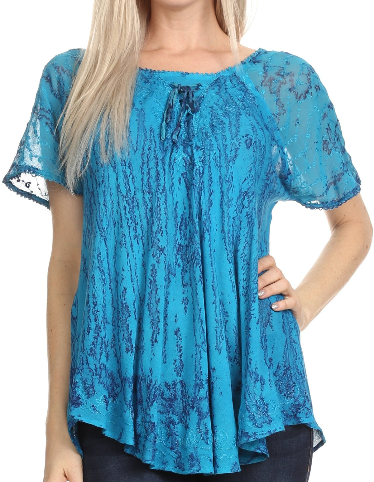 Sakkas Zoya Marbled Embroidery Cap Sleeves Blouse / Top