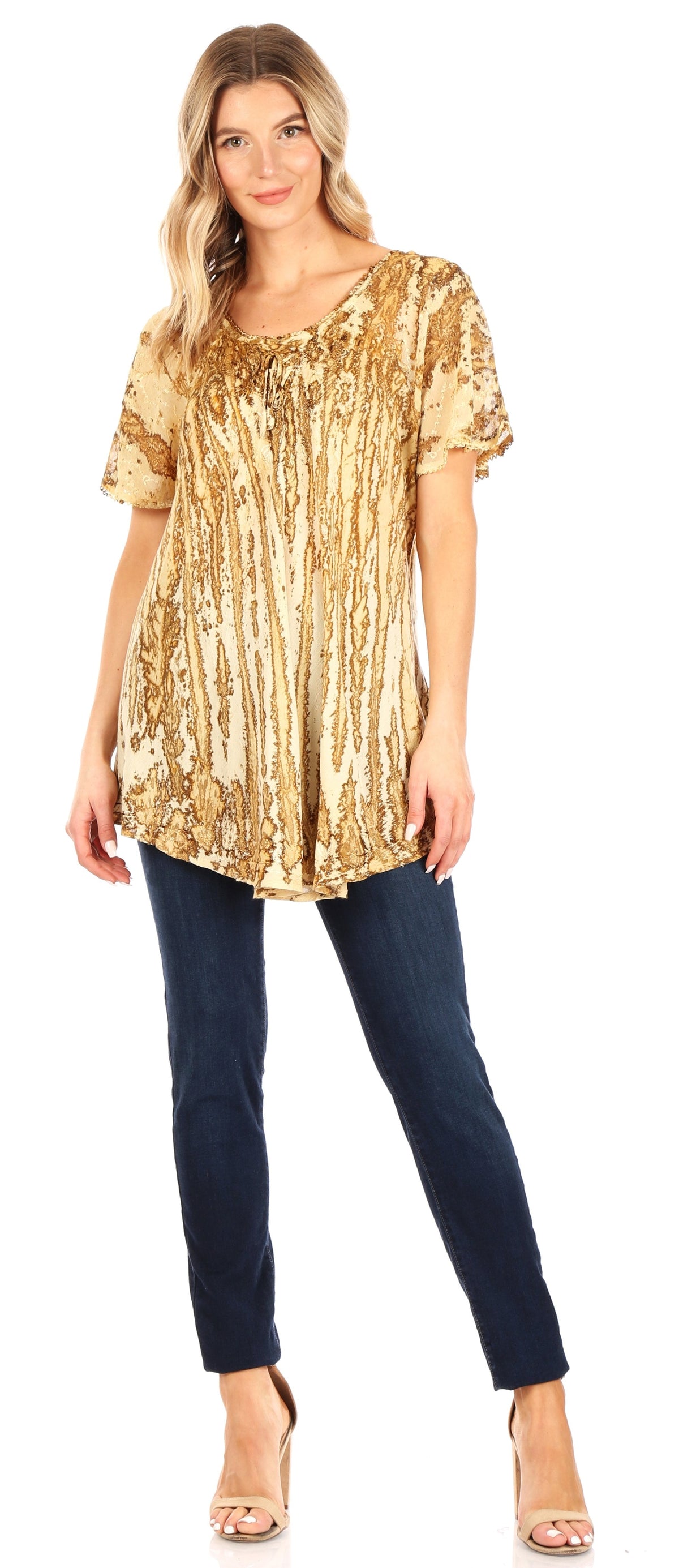 Sakkas Zoya Marbled Embroidery Cap Sleeves Blouse / Top