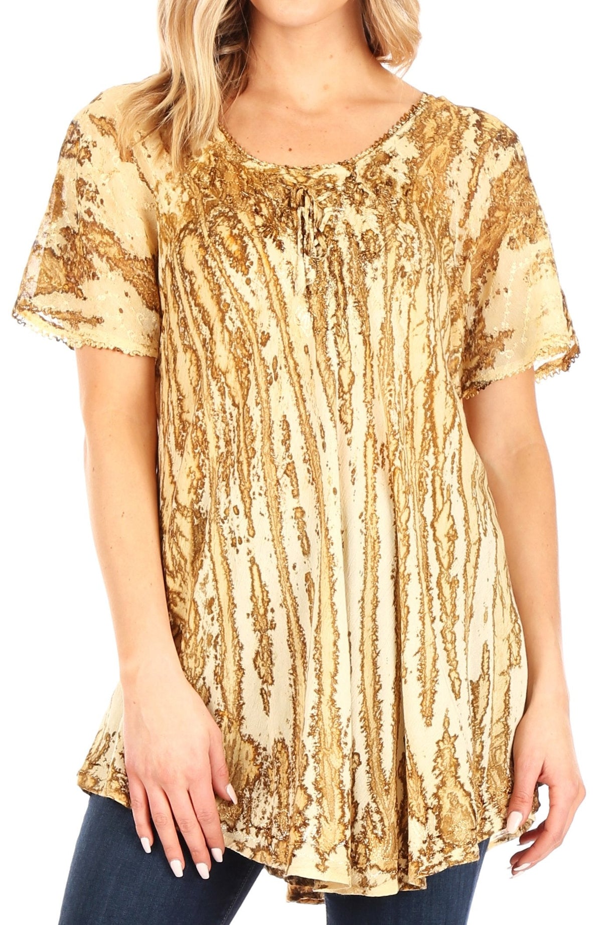 Sakkas Zoya Marbled Embroidery Cap Sleeves Blouse / Top
