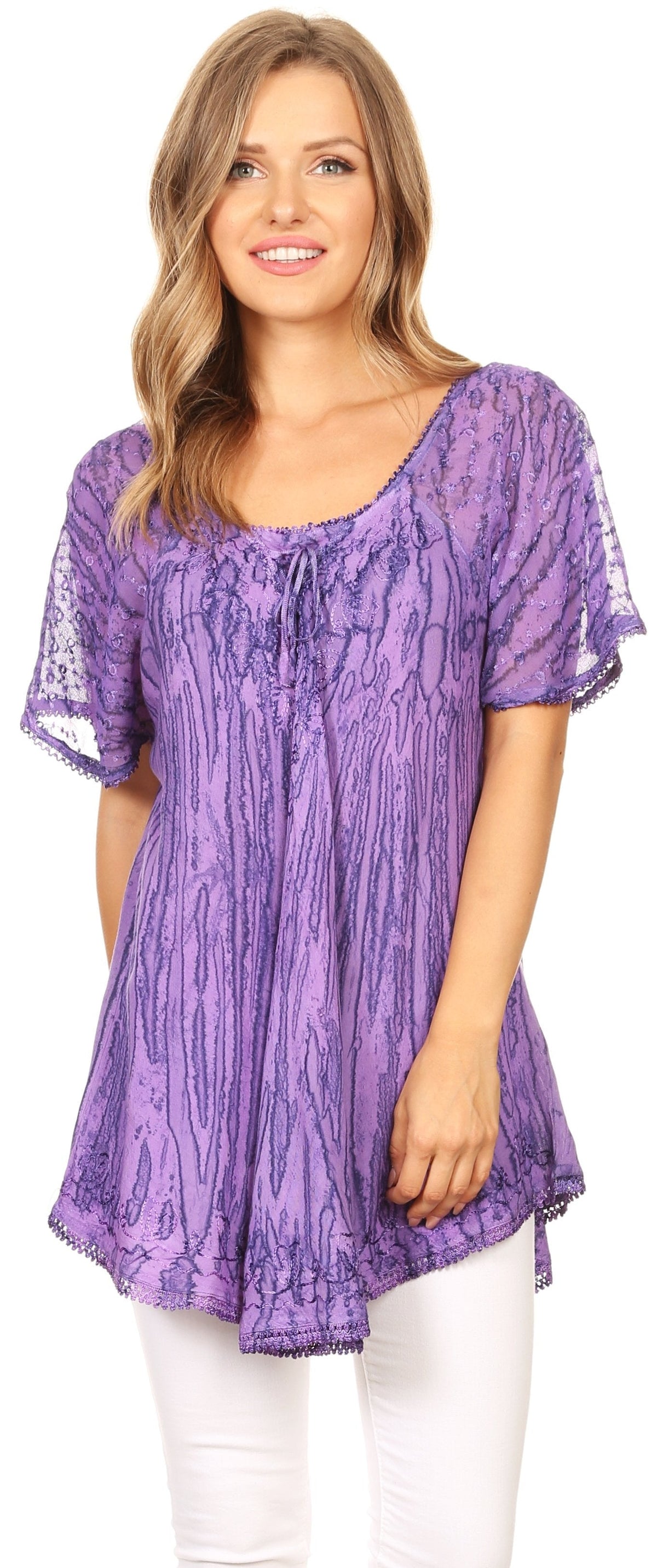 Sakkas Zoya Marbled Embroidery Cap Sleeves Blouse / Top